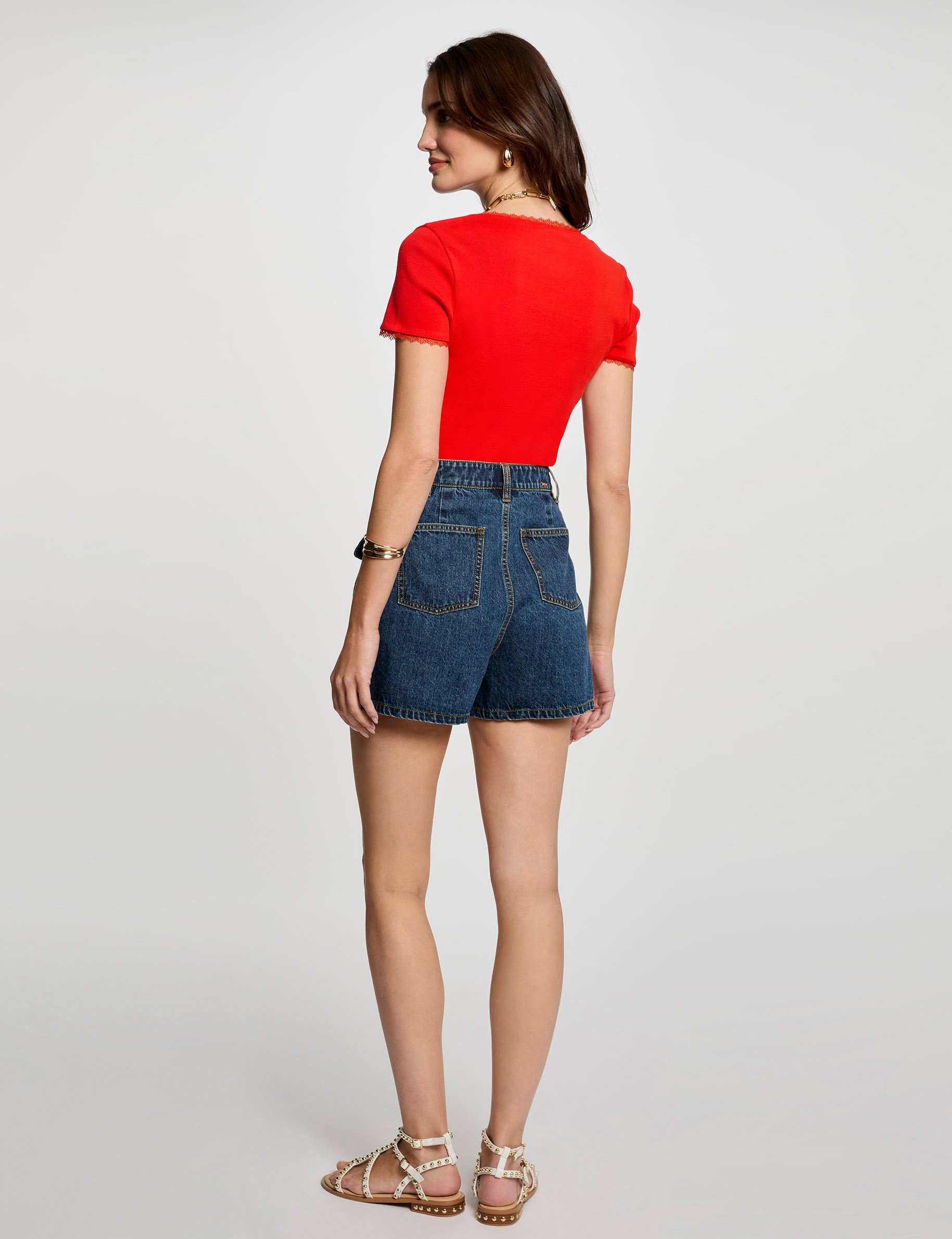 t shirt korte geribbelde mouwen oranje vrouw T-shirt korte geribbelde mouwen oranje vrouw