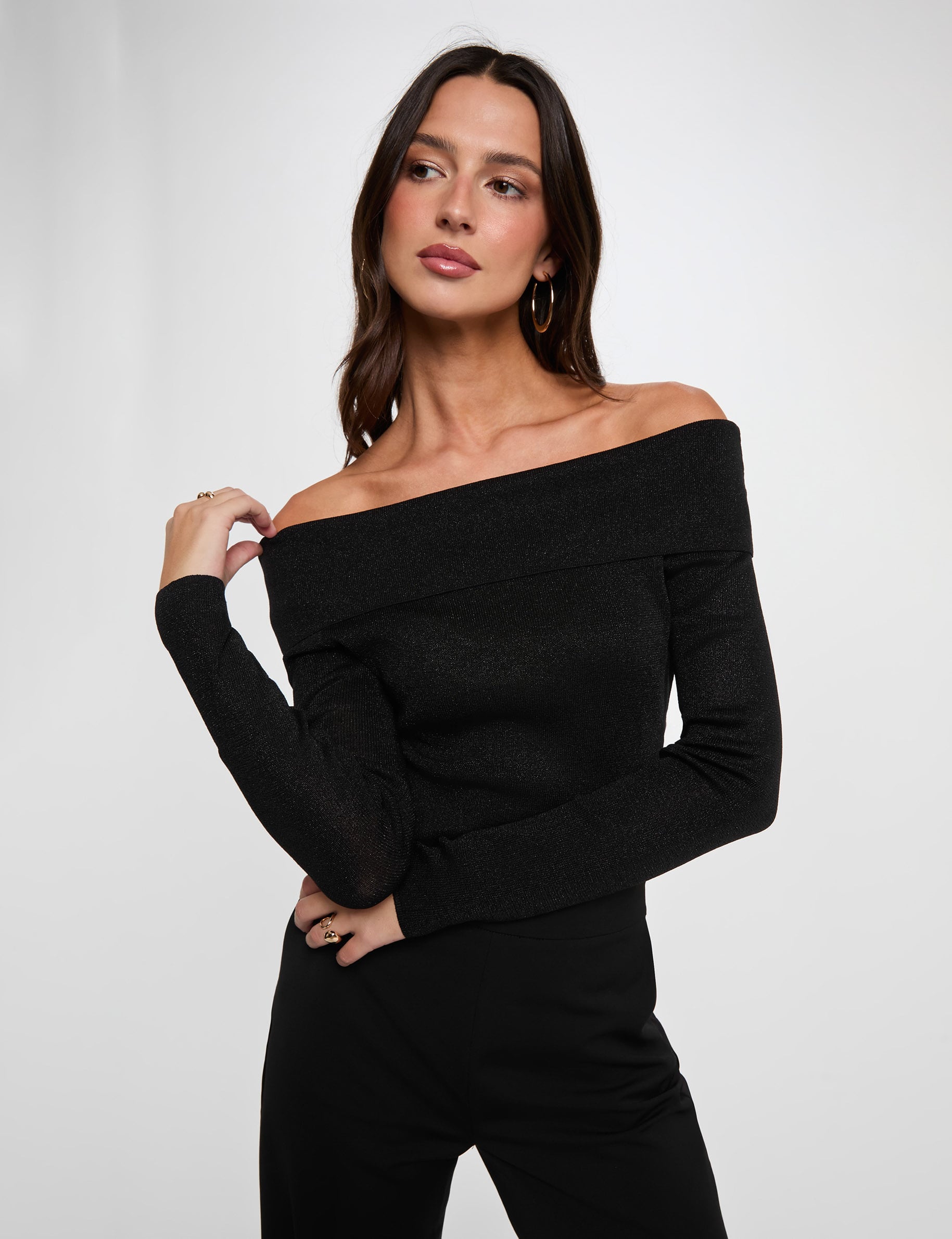 Pull col bardot m&eacute;tallis&eacute; noir femme