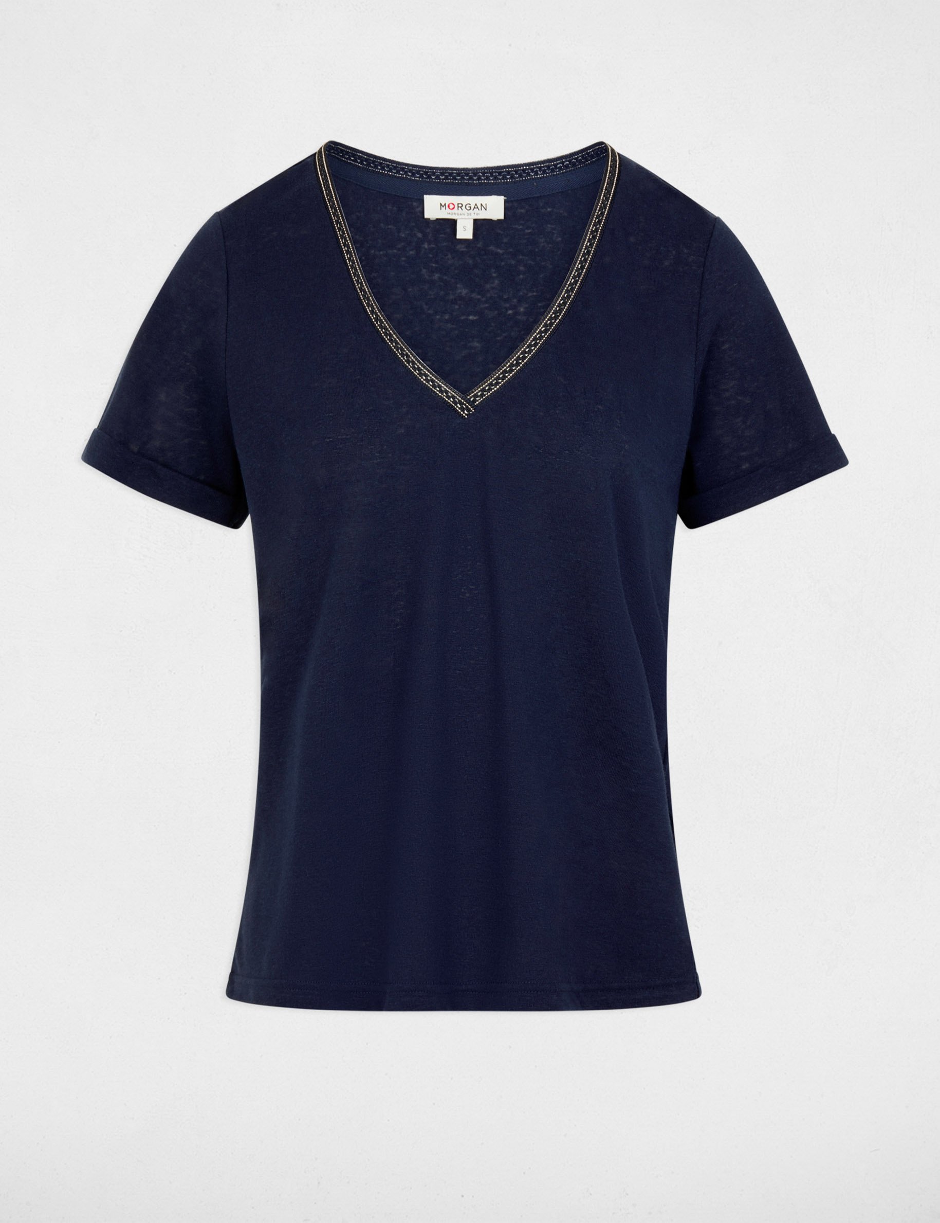 T-shirt met parels en V-hals marineblauw vrouw