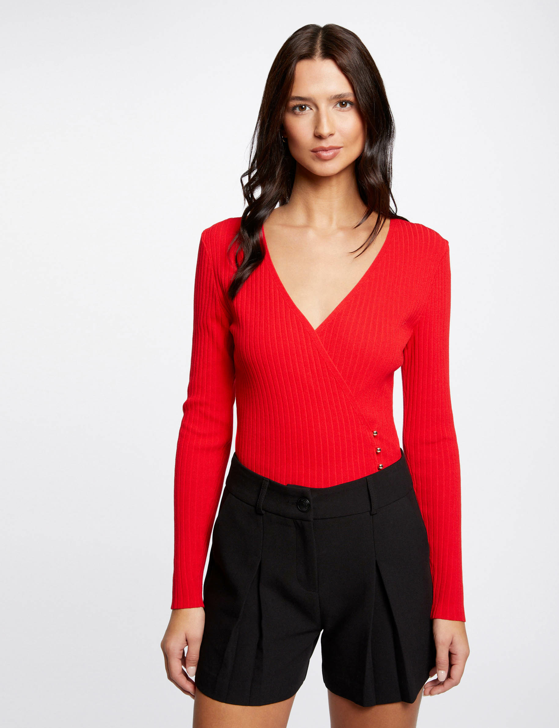 Pull manches longues col cache-coeur rouge femme