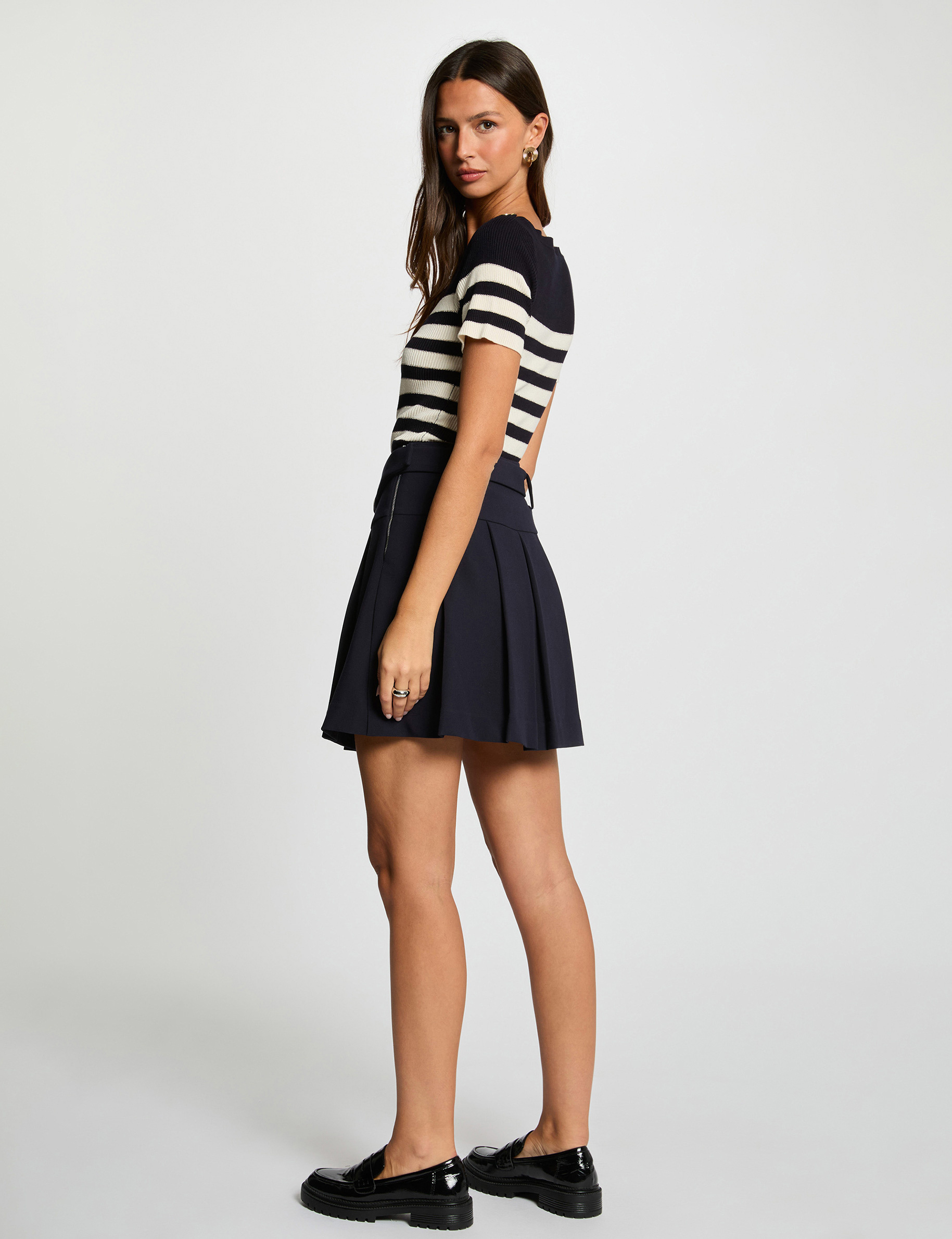 Pull col rond &agrave; rayures bleu marine femme