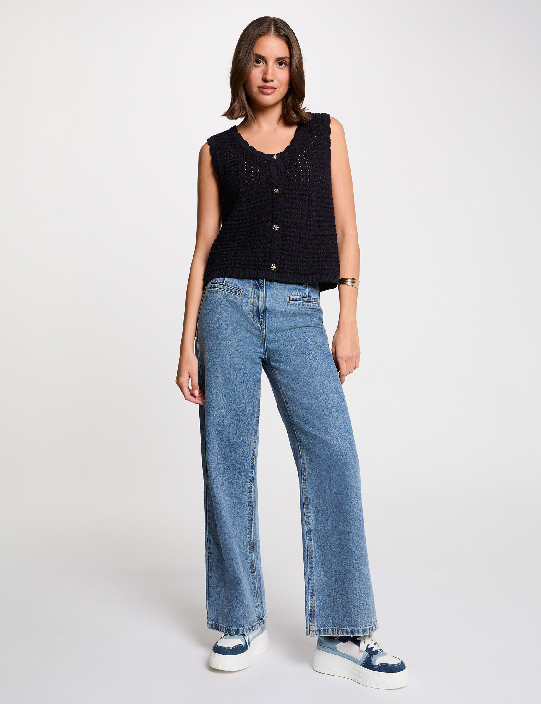 Gilet ajouré sans manches bleu marine femme