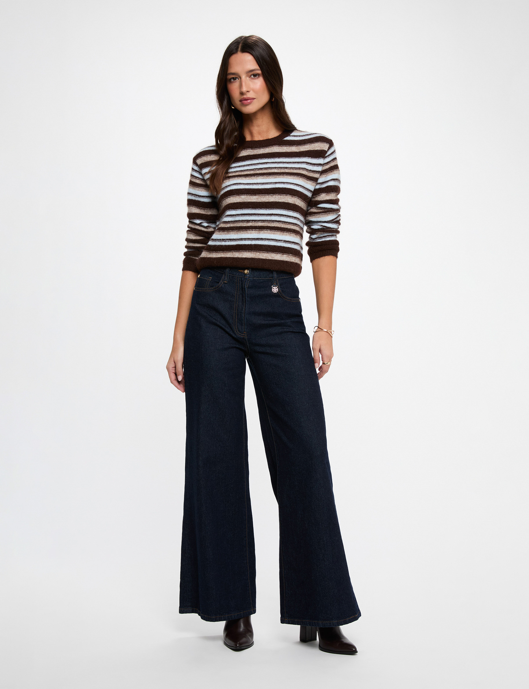 Pull ray&eacute; col rond beige femme