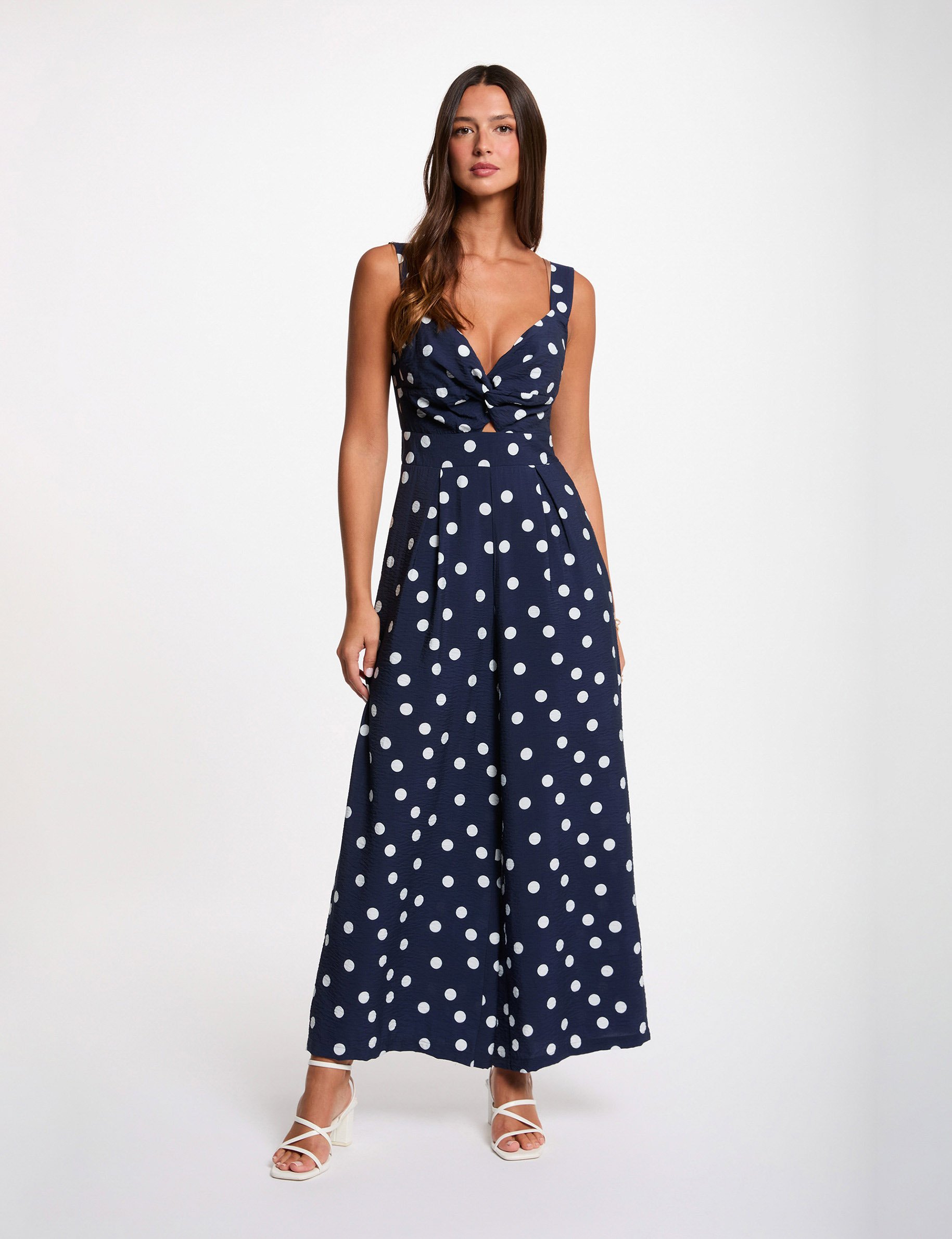 Combinaison fluide &agrave; pois bleu marine femme