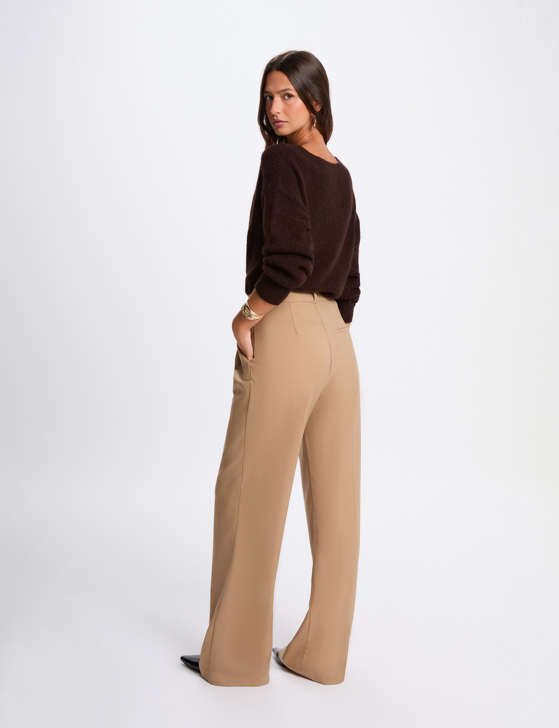 Pull col rond marron foncé femme