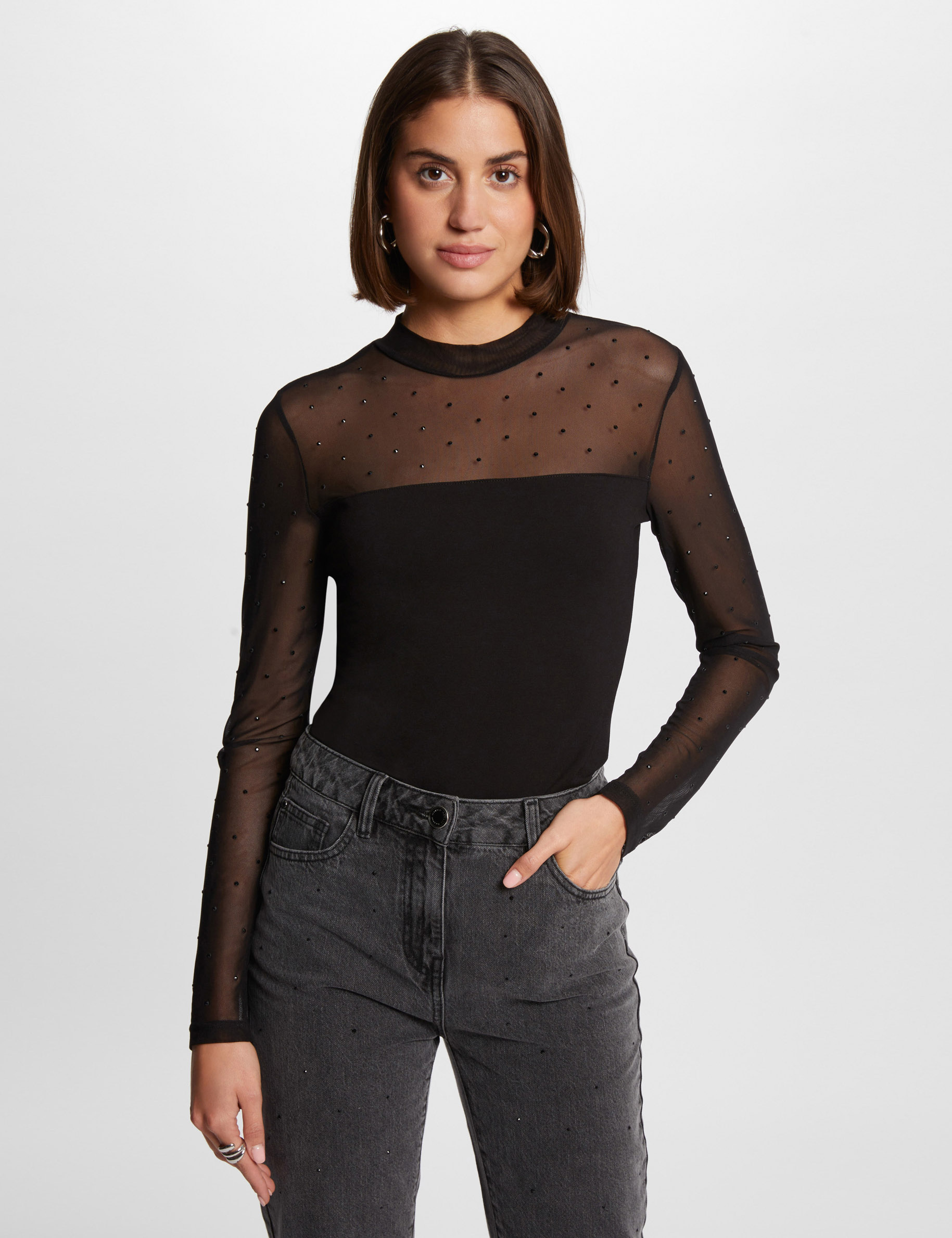 t shirt met lange mouwen en strass zwart vrouw T-shirt met lange mouwen en strass zwart vrouw