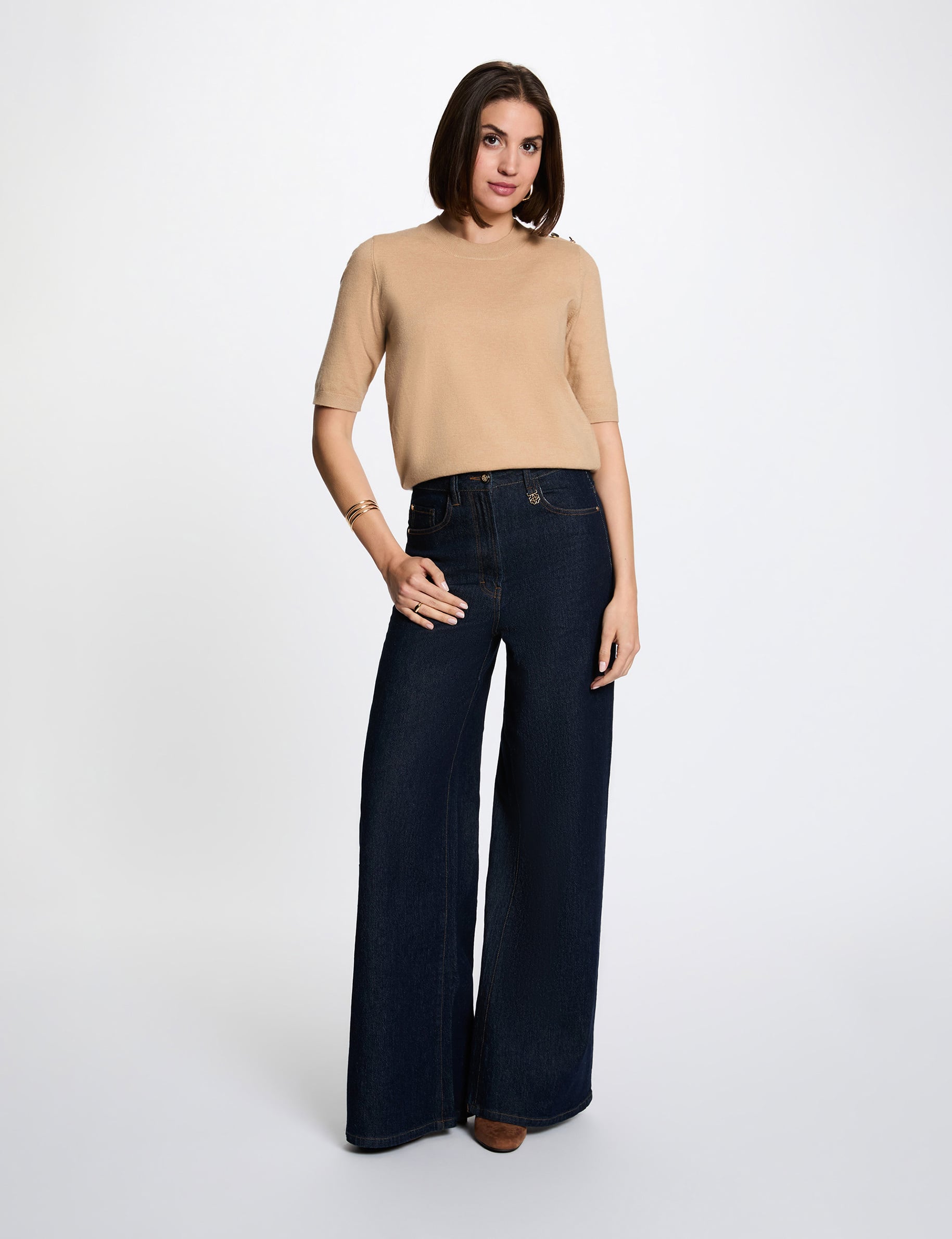 Trui ronde hals korte mouwen beige vrouw