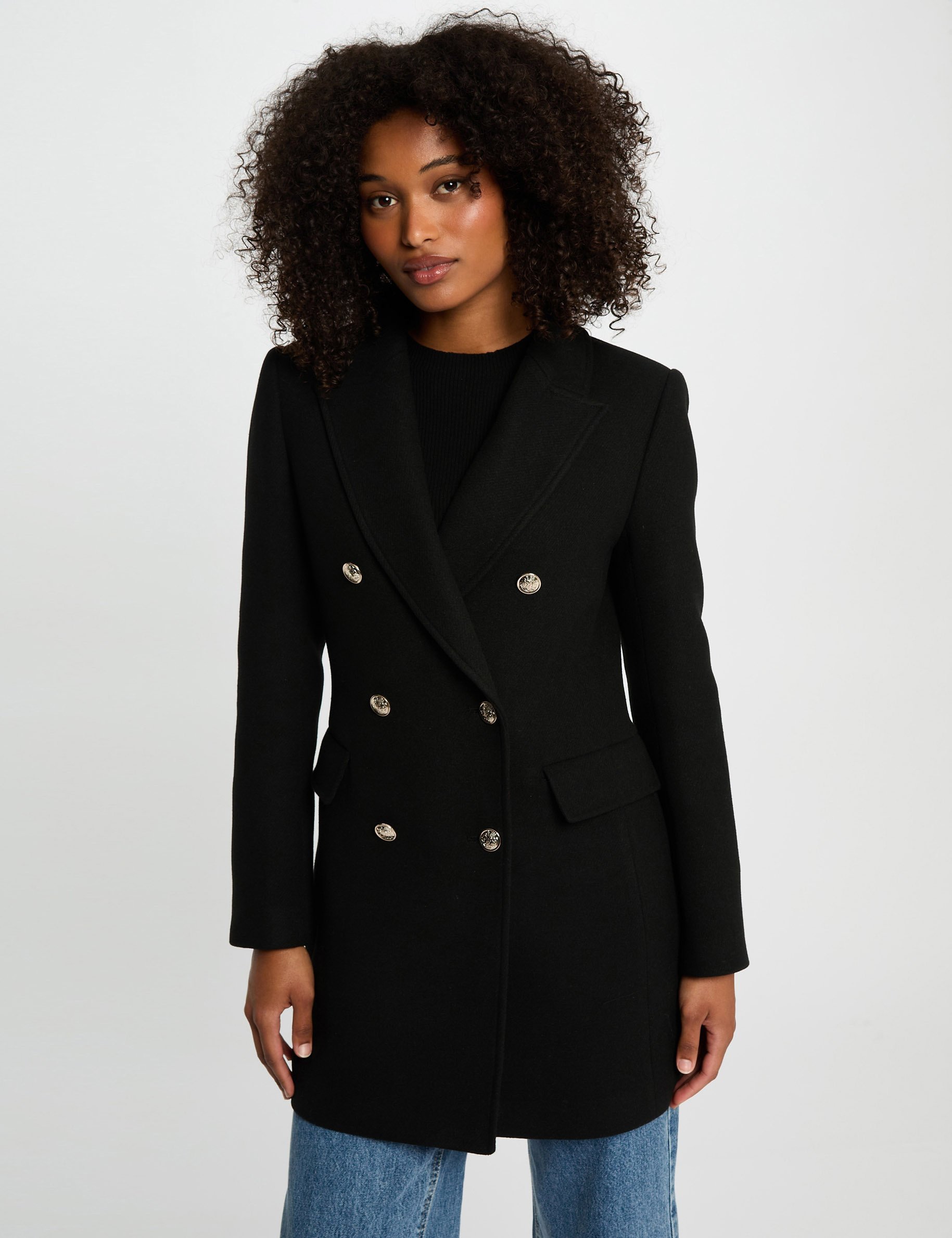 manteau mi long avec boutons noir femme Manteau mi-long avec boutons noir femme