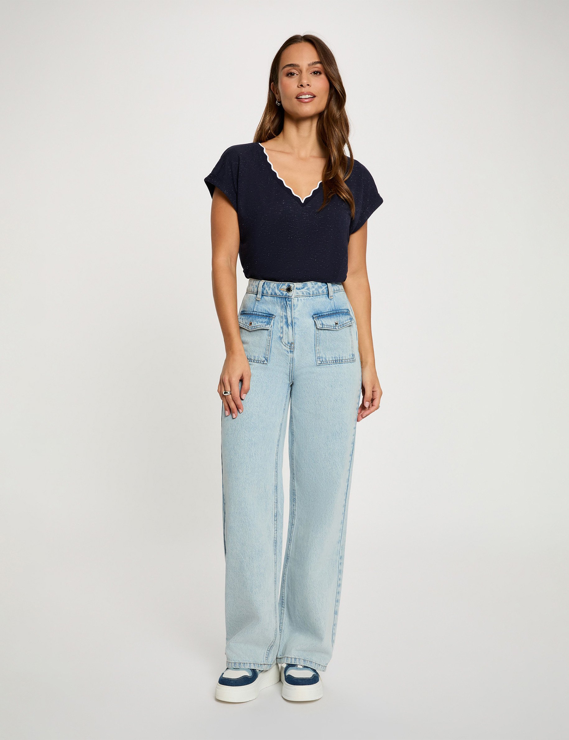 V-hals T-shirt met korte mouwen marineblauw vrouw