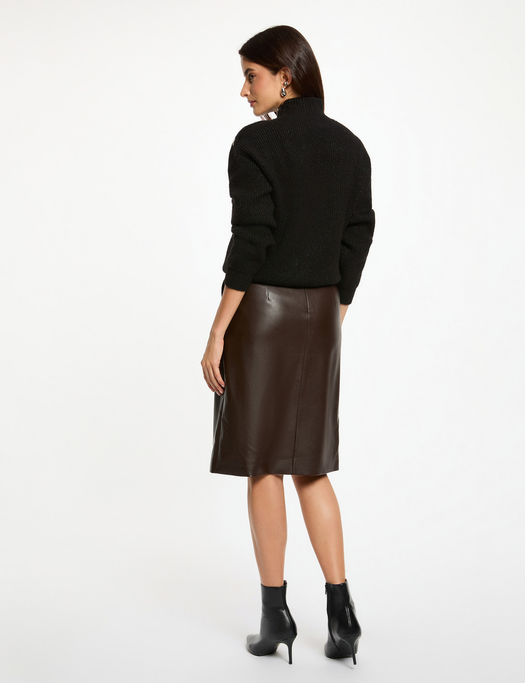 Jupe ajustée simili cuir marron foncé femme
