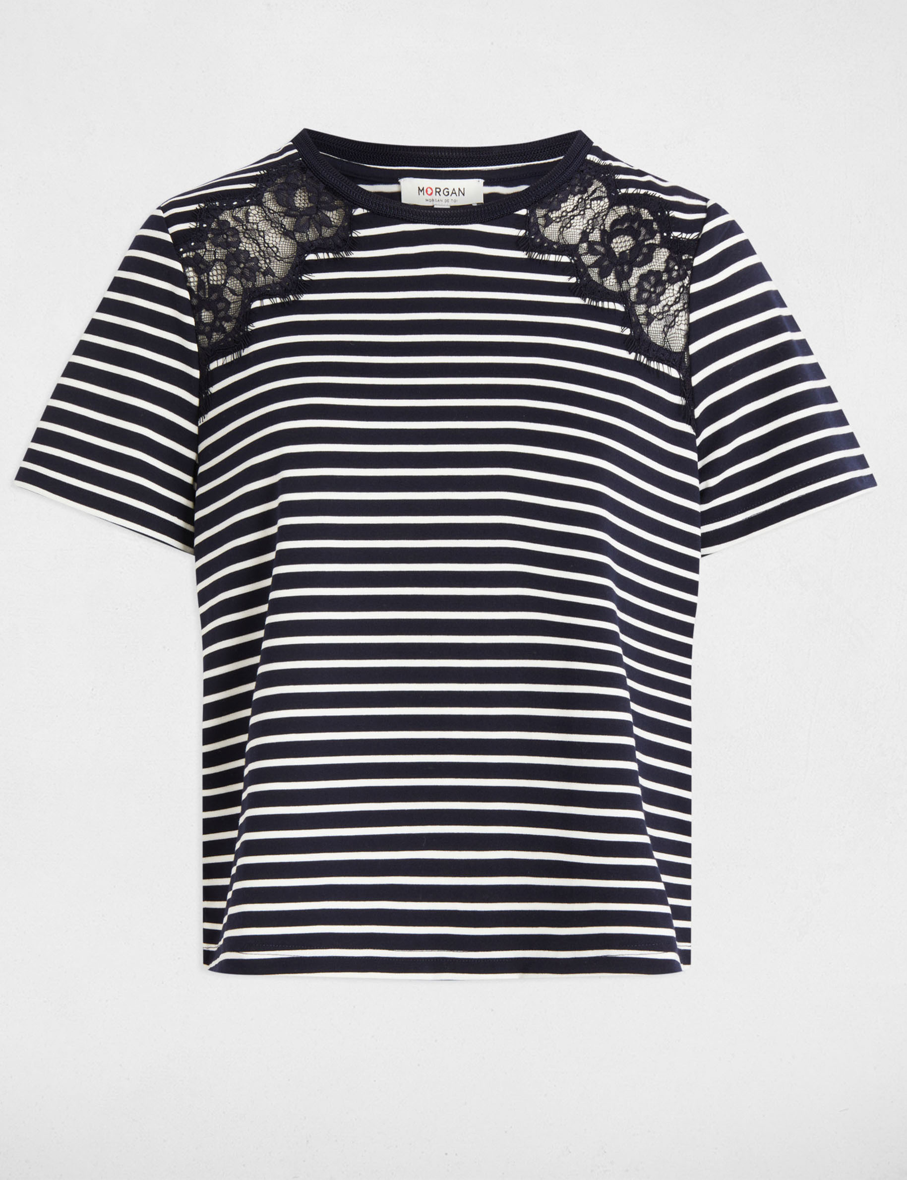 Gestreept T-shirt met korte mouwen marineblauw vrouw