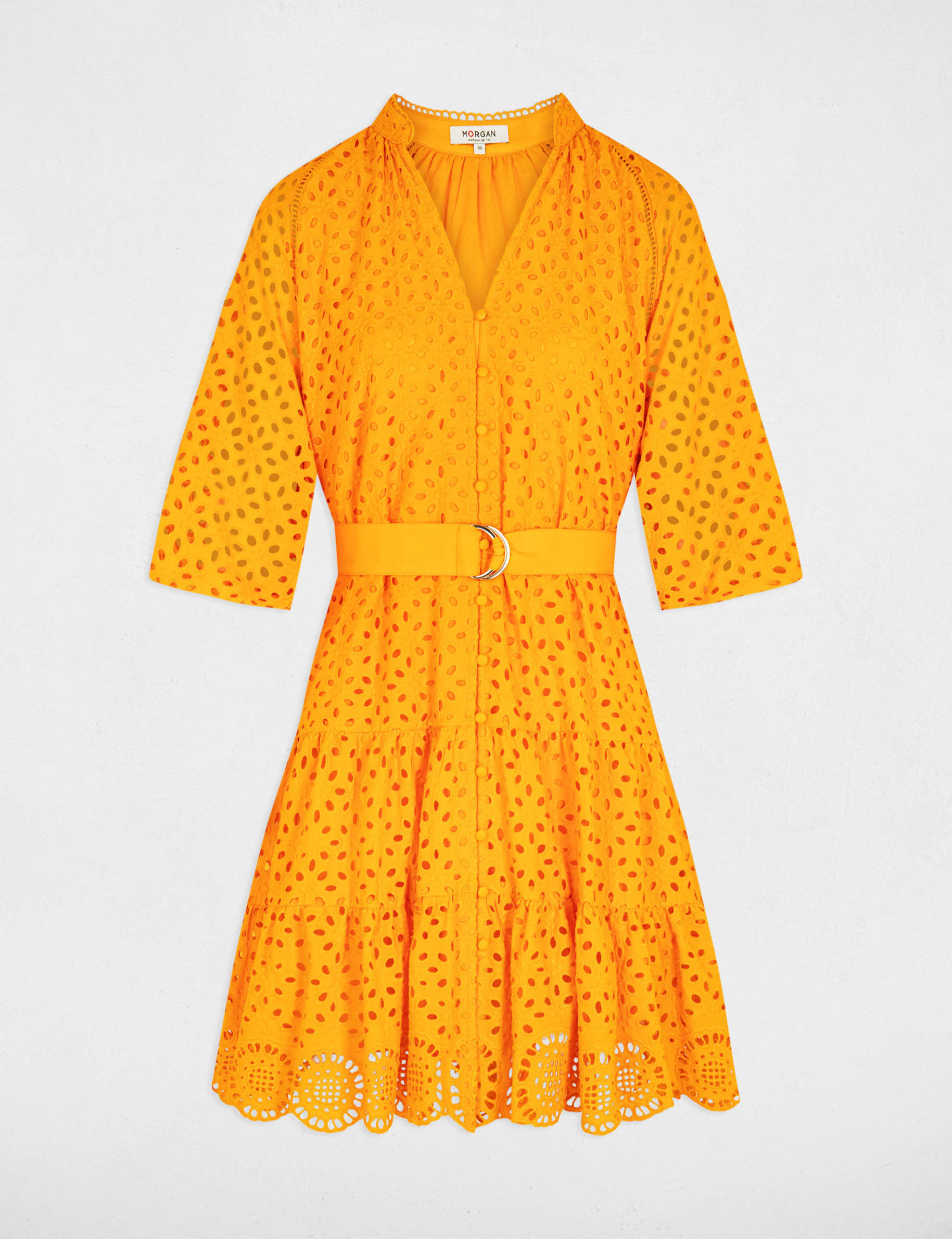 Robe courte trapèze brodée orange femme