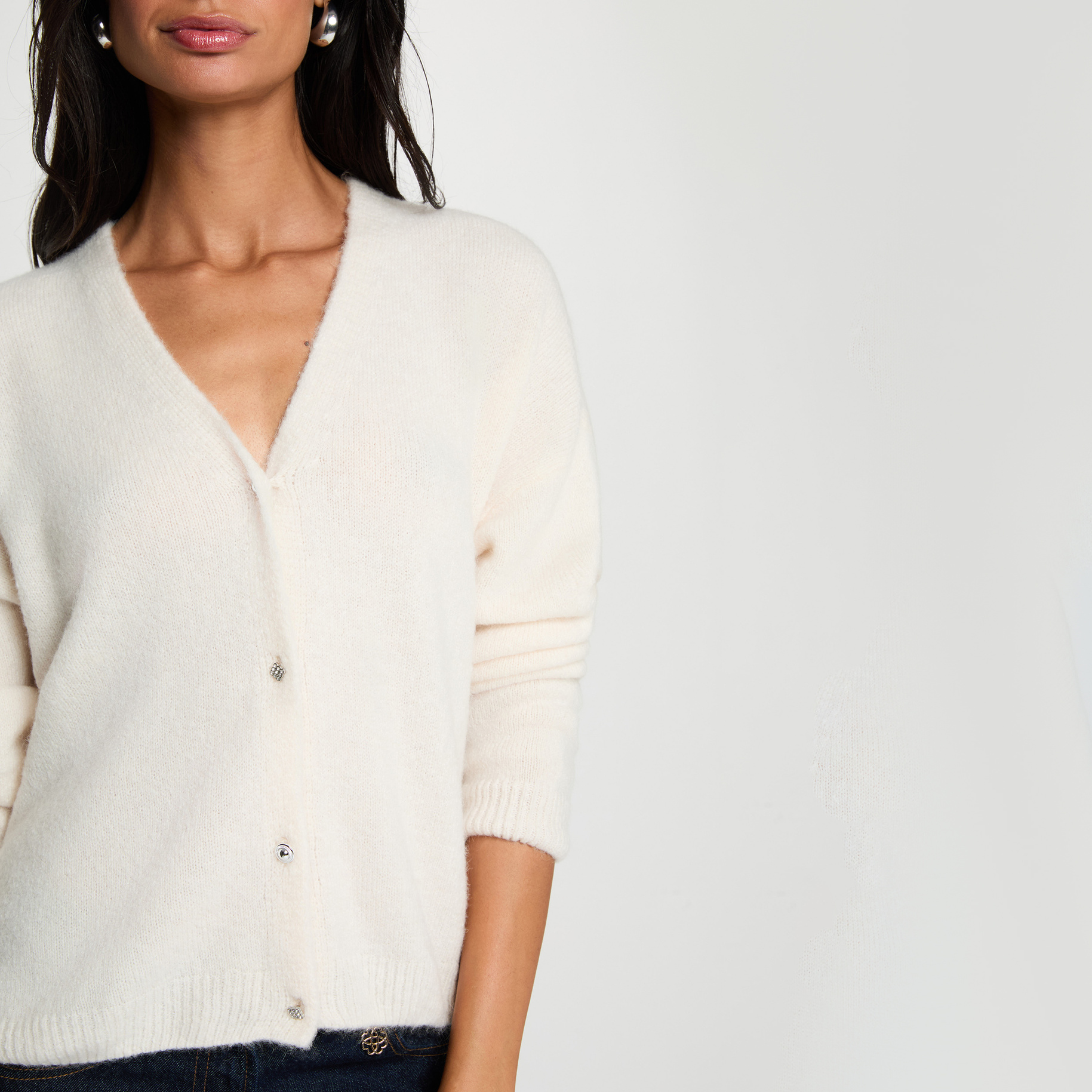 Gebreid vest met V-hals ivoor vrouw