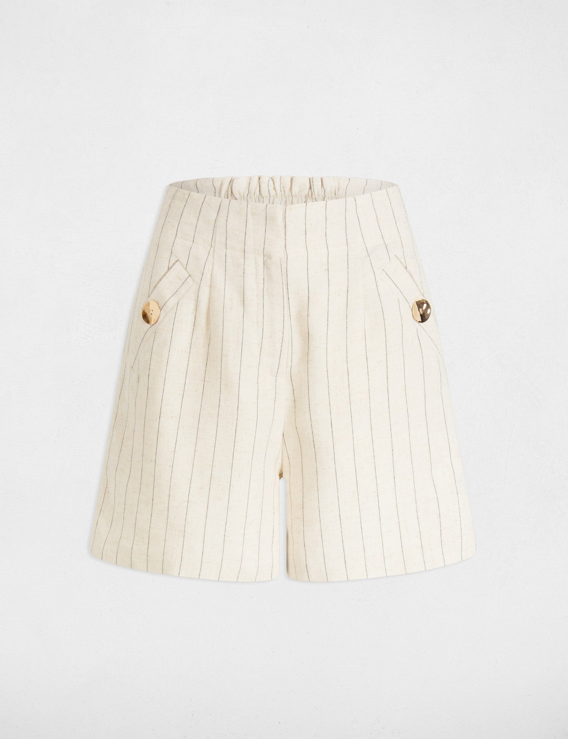 gestreepte shorts met hoge taille beige vrouw Gestreepte shorts met hoge taille beige vrouw