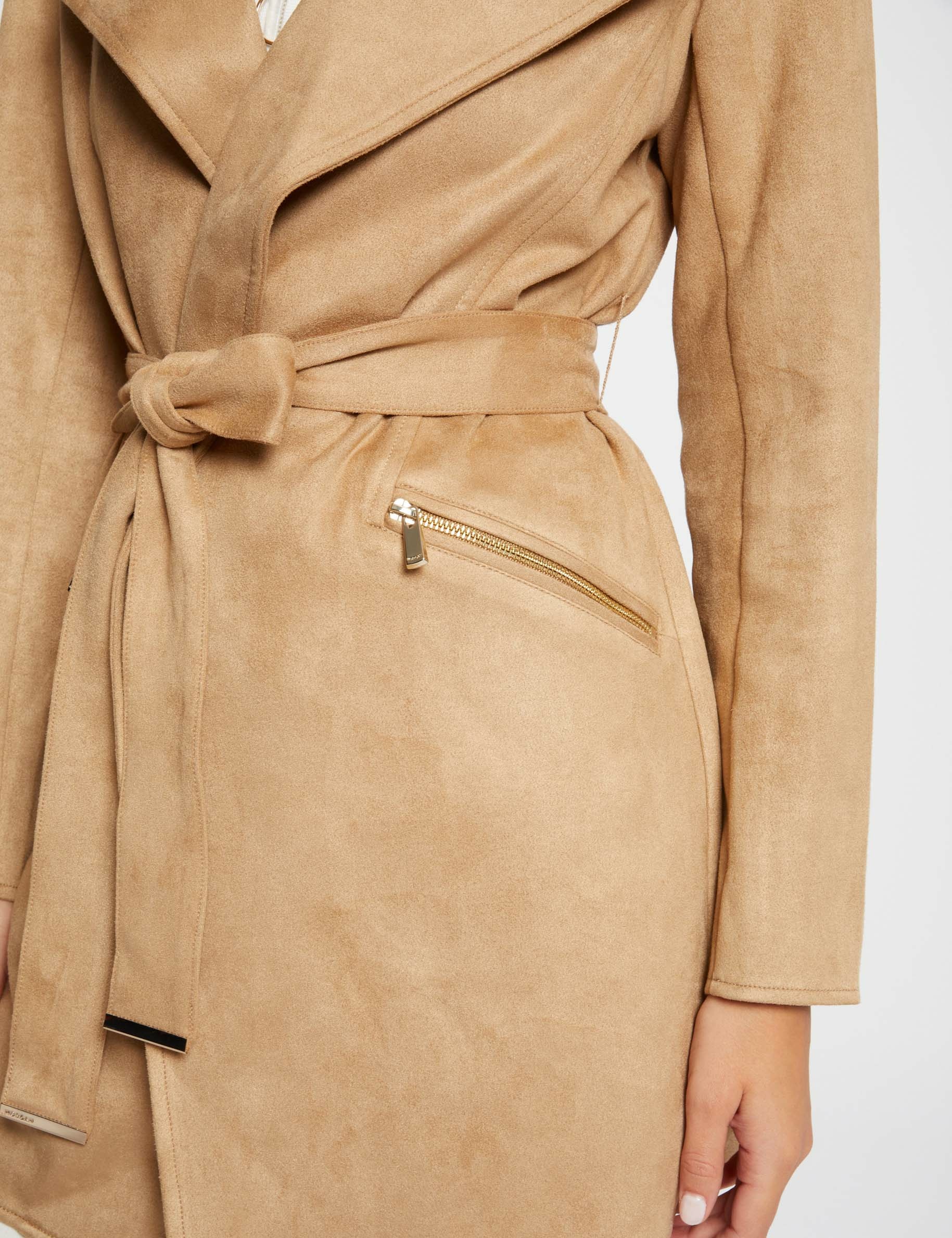 manteau long ceinture suedine beige femme Manteau long ceinturé suédine beige femme