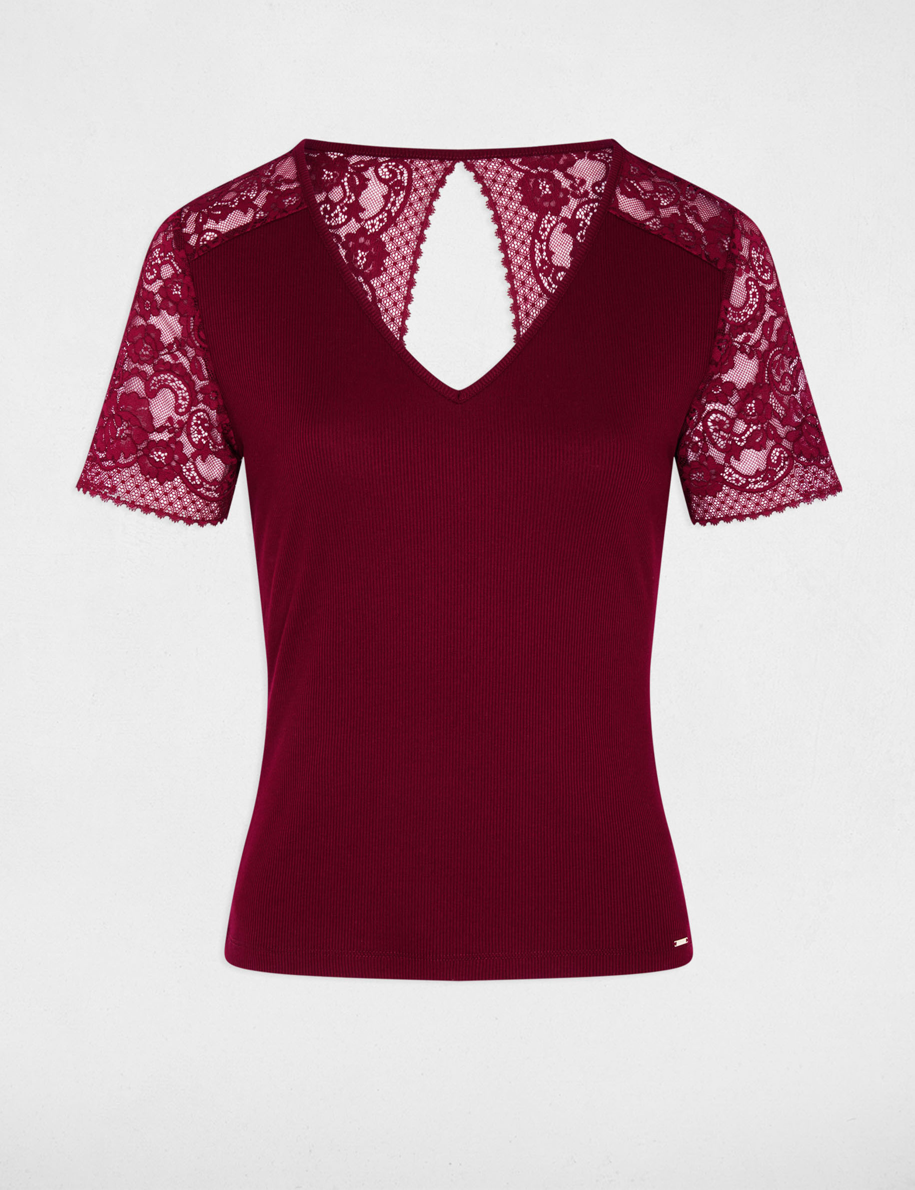 Kant T-shirt met V-hals bordeaux vrouw