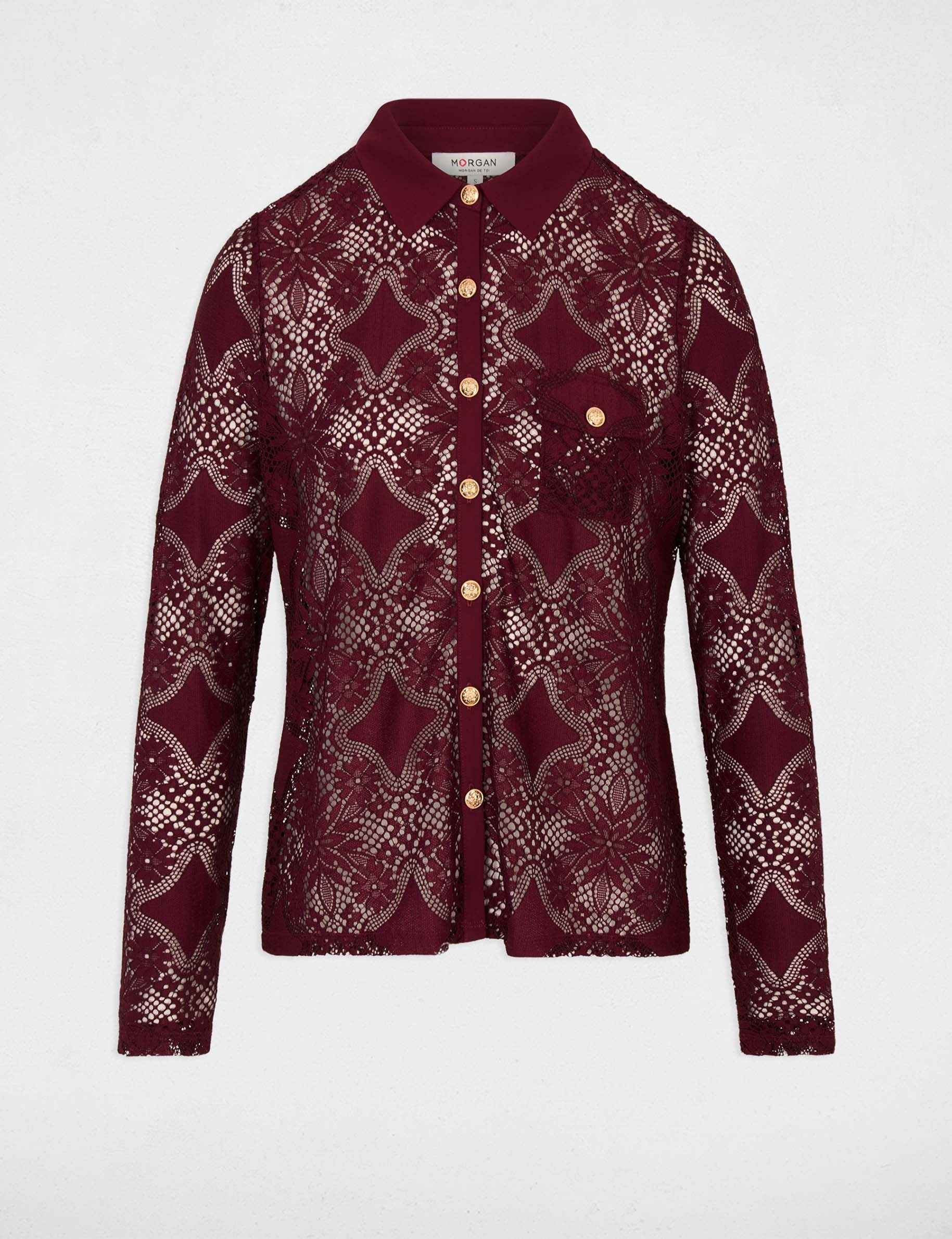 Kant blouse met reverskraag bordeaux vrouw