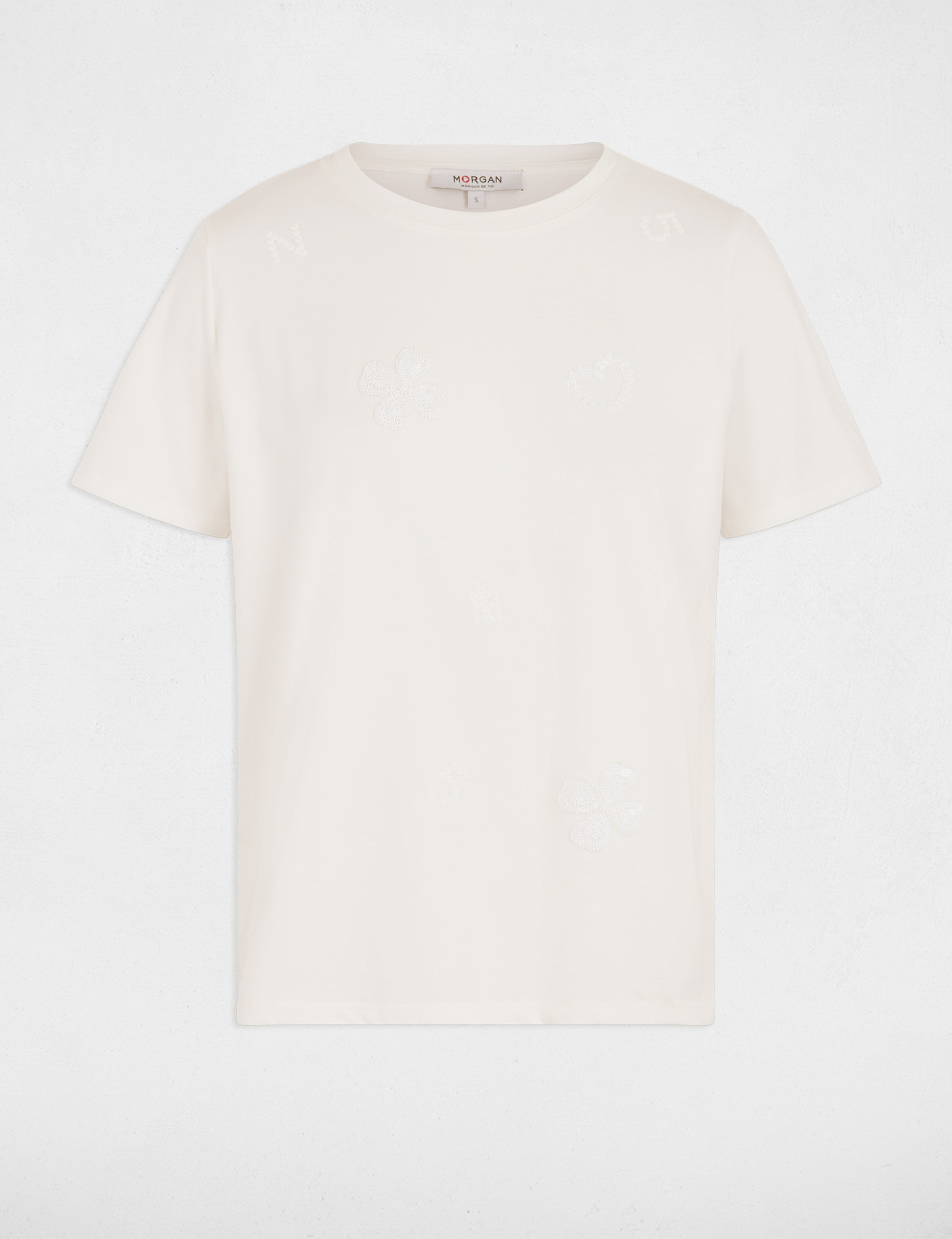 T-shirt brod&eacute; col rond blanc femme