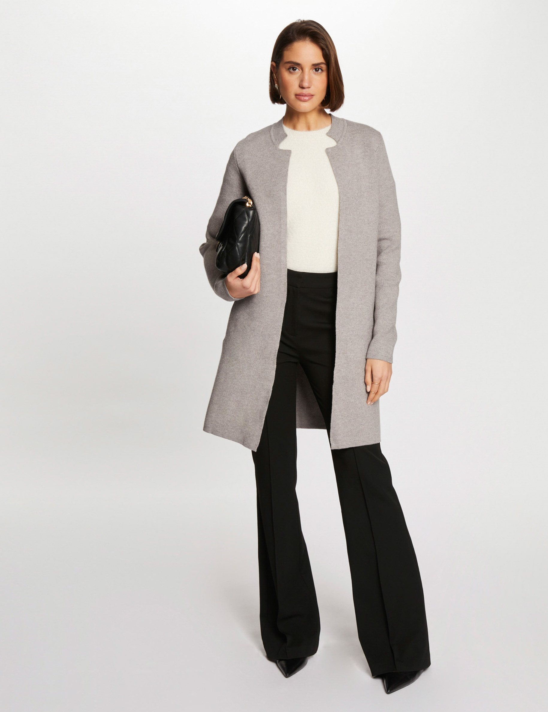 Gilet droit &agrave; col crant&eacute; gris clair femme