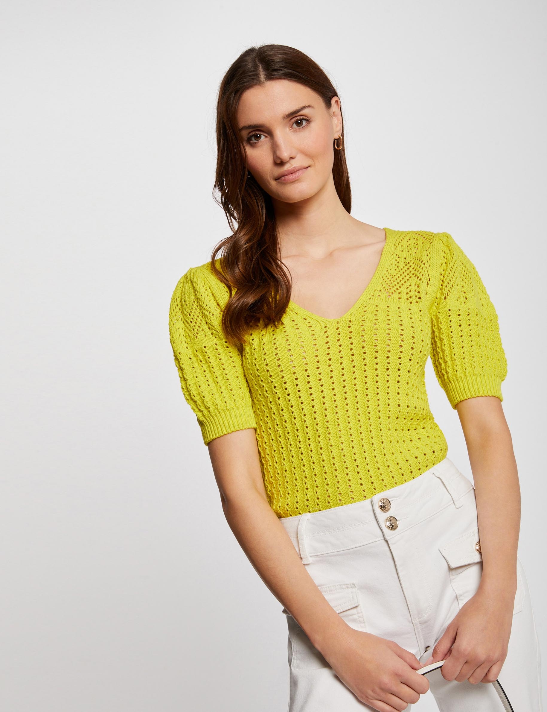 Pull manches courtes ajouré jaune moyen femme