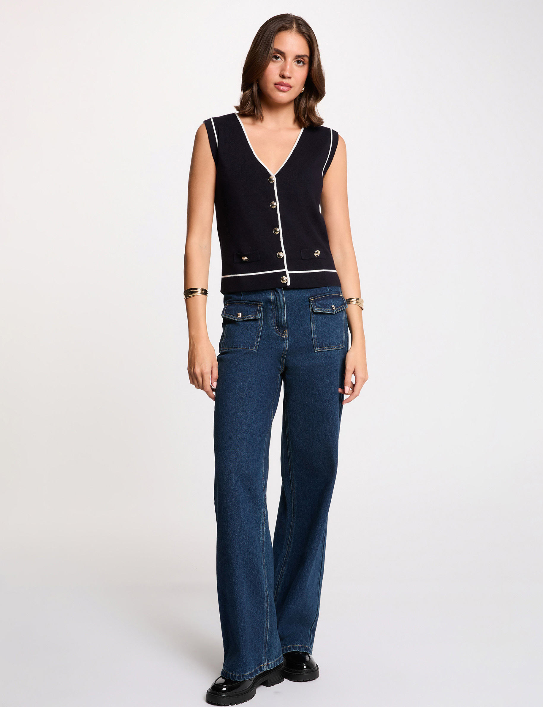 Pull sans manches col v bleu marine femme