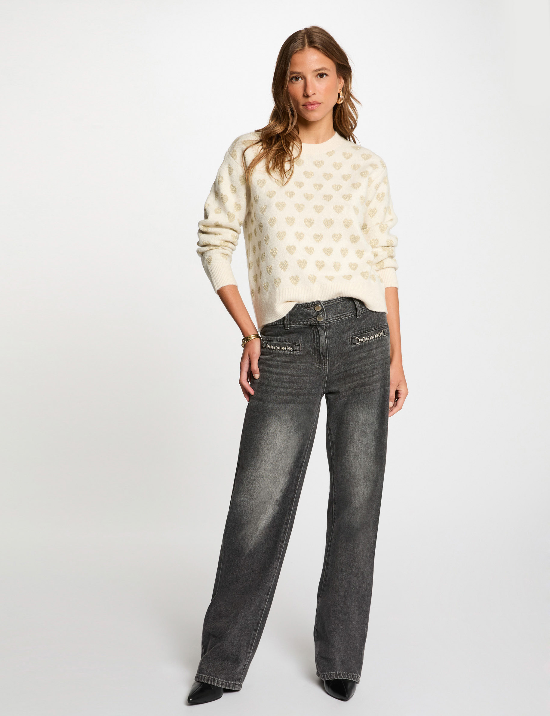 pull col rond imprime ivoire femme Pull col rond imprimé ivoire femme