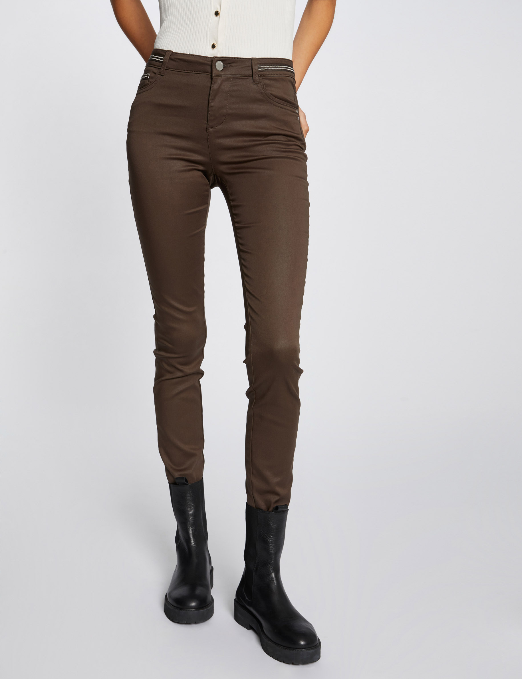 Gecoate slimfit broek taupe vrouw