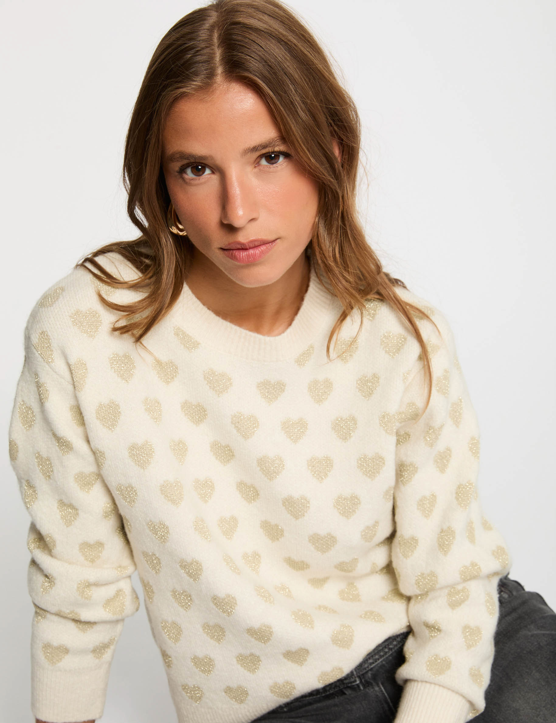 pull col rond imprime ivoire femme Pull col rond imprimé ivoire femme