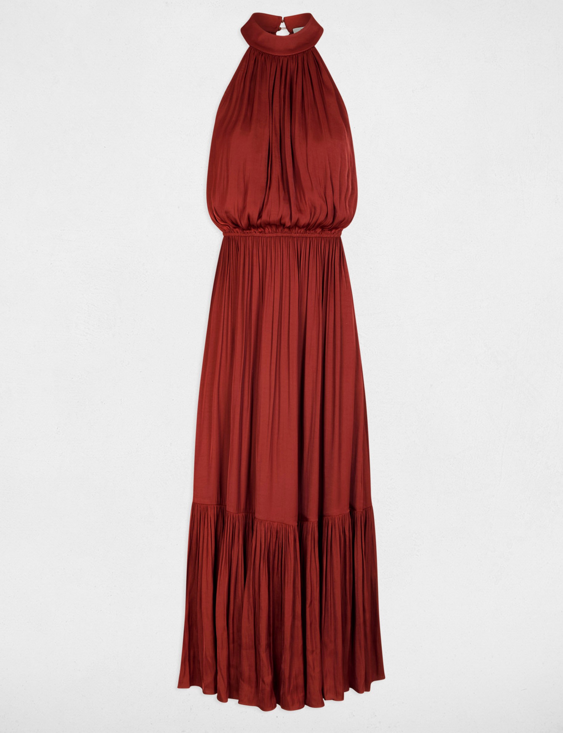 Robe longue &eacute;vas&eacute;e fluide marron cognac femme