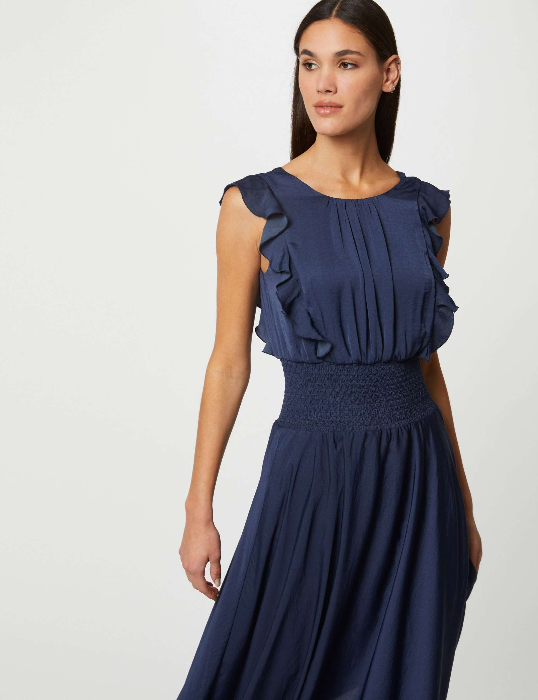 Robe longue évasée à taille smockée indigo femme