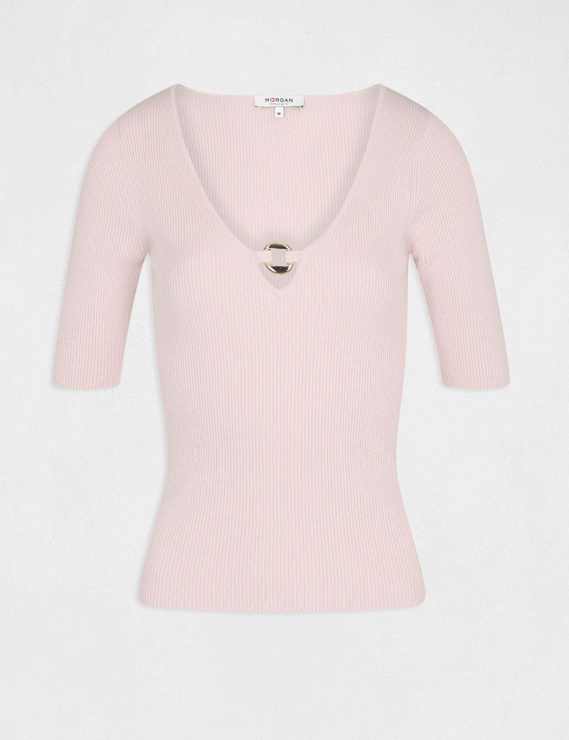 Pull manches 3/4 avec ornement rose clair femme