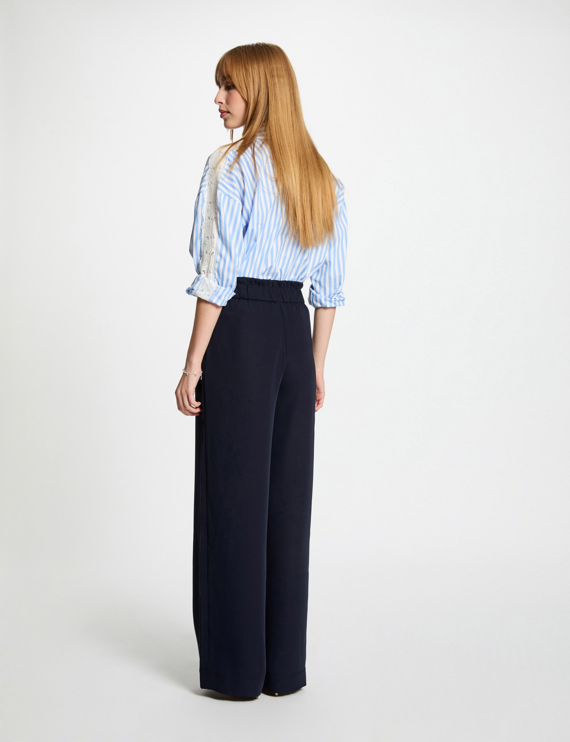 Hoge taille wijde broek marineblauw vrouw