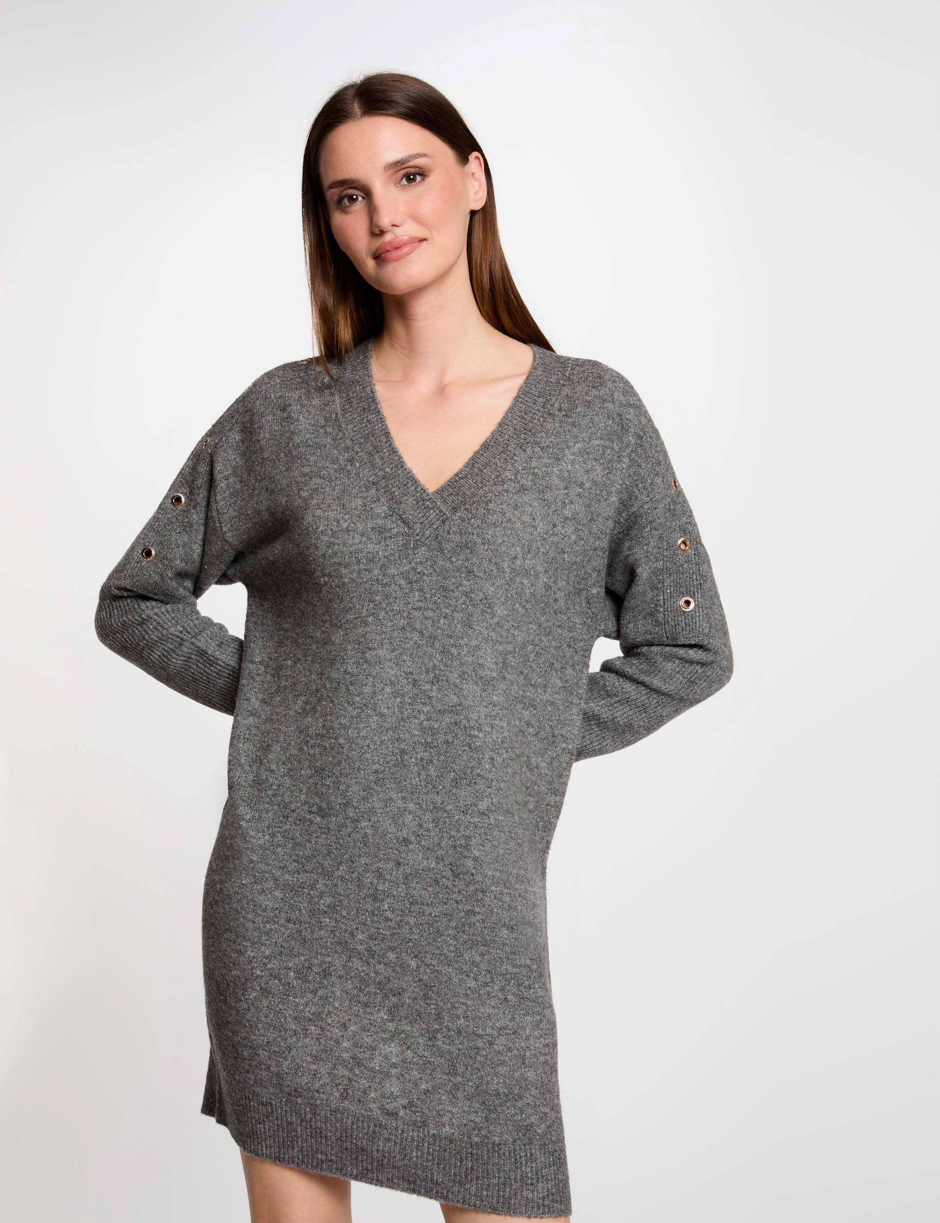 rechte tricot jurk met oogjes antracietgrijs vrouw Rechte tricot jurk met oogjes antracietgrijs vrouw