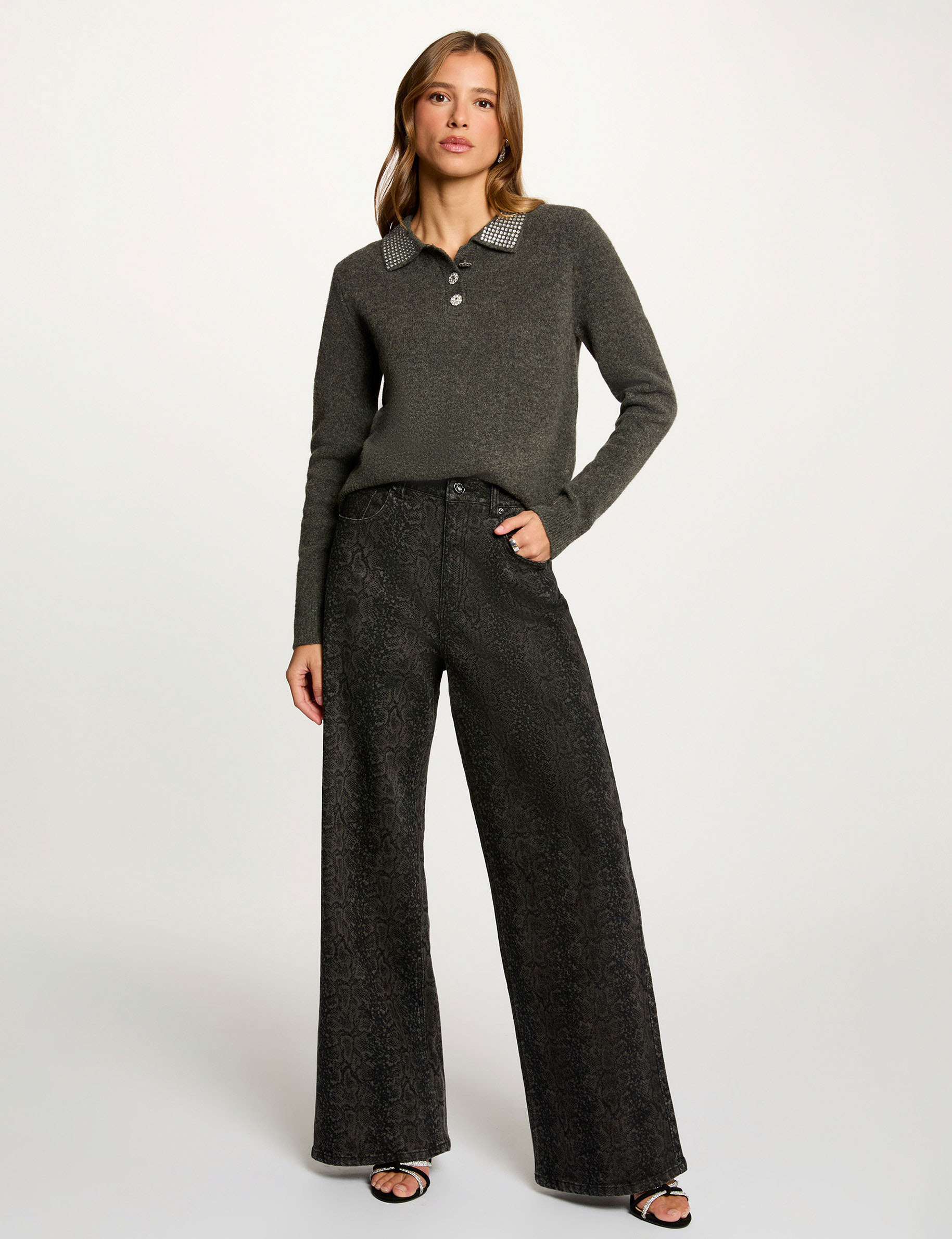 Pull ajusté col à revers gris foncé femme