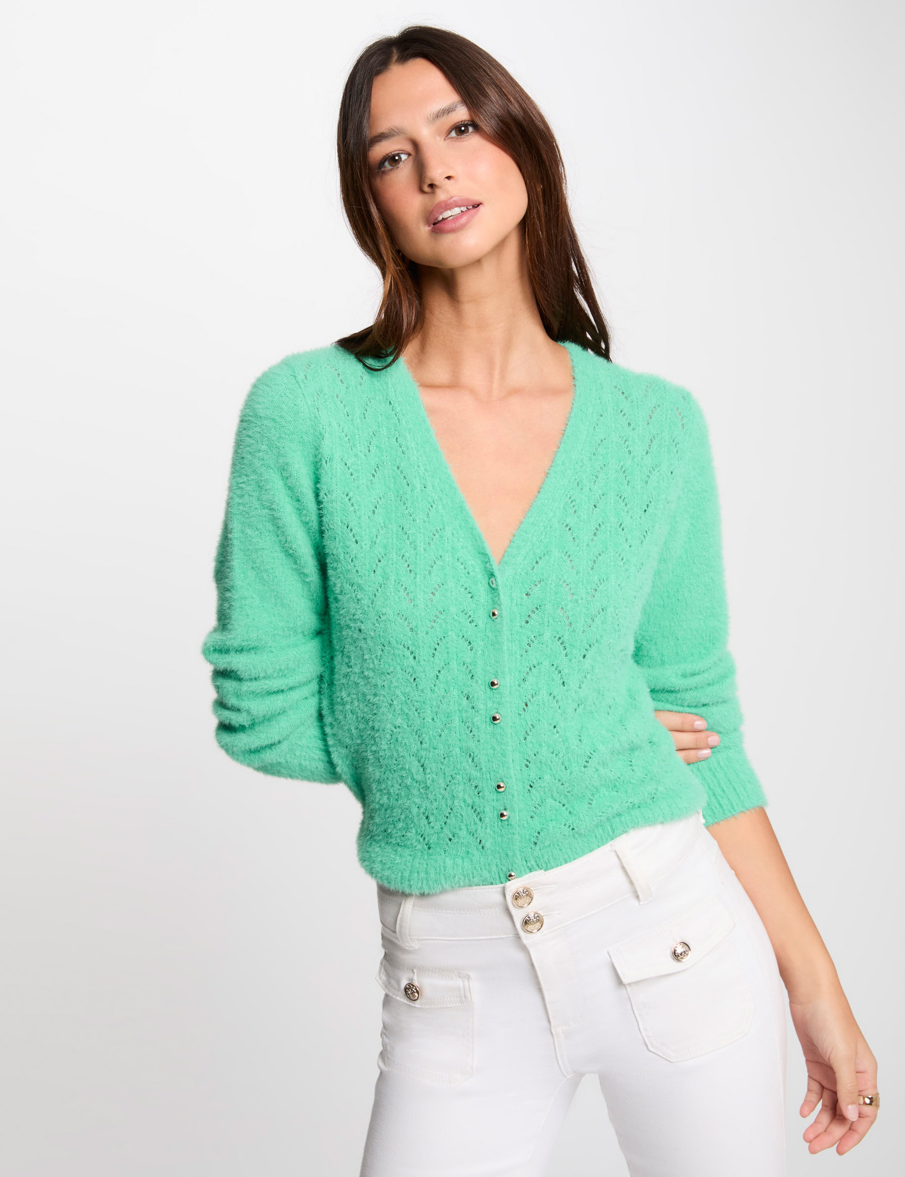 gilet manches longues a details ajoures vert menthe femme Gilet manches longues à détails ajourés vert menthe femme