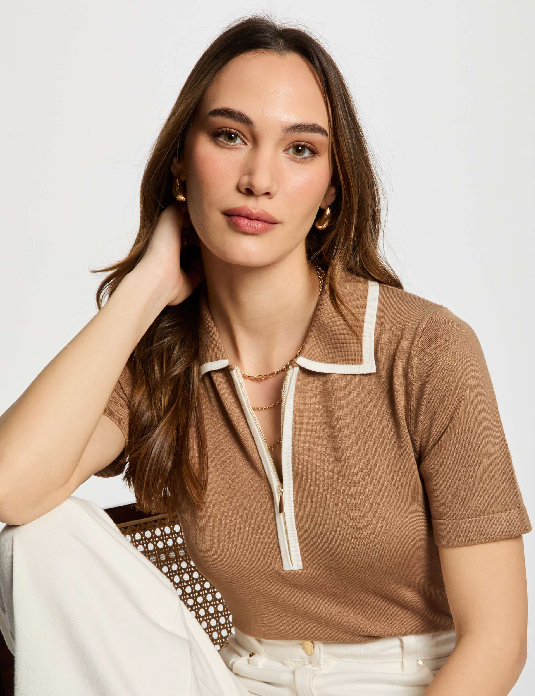 pull col polo zippe sable femme Pull col polo zippé sable femme