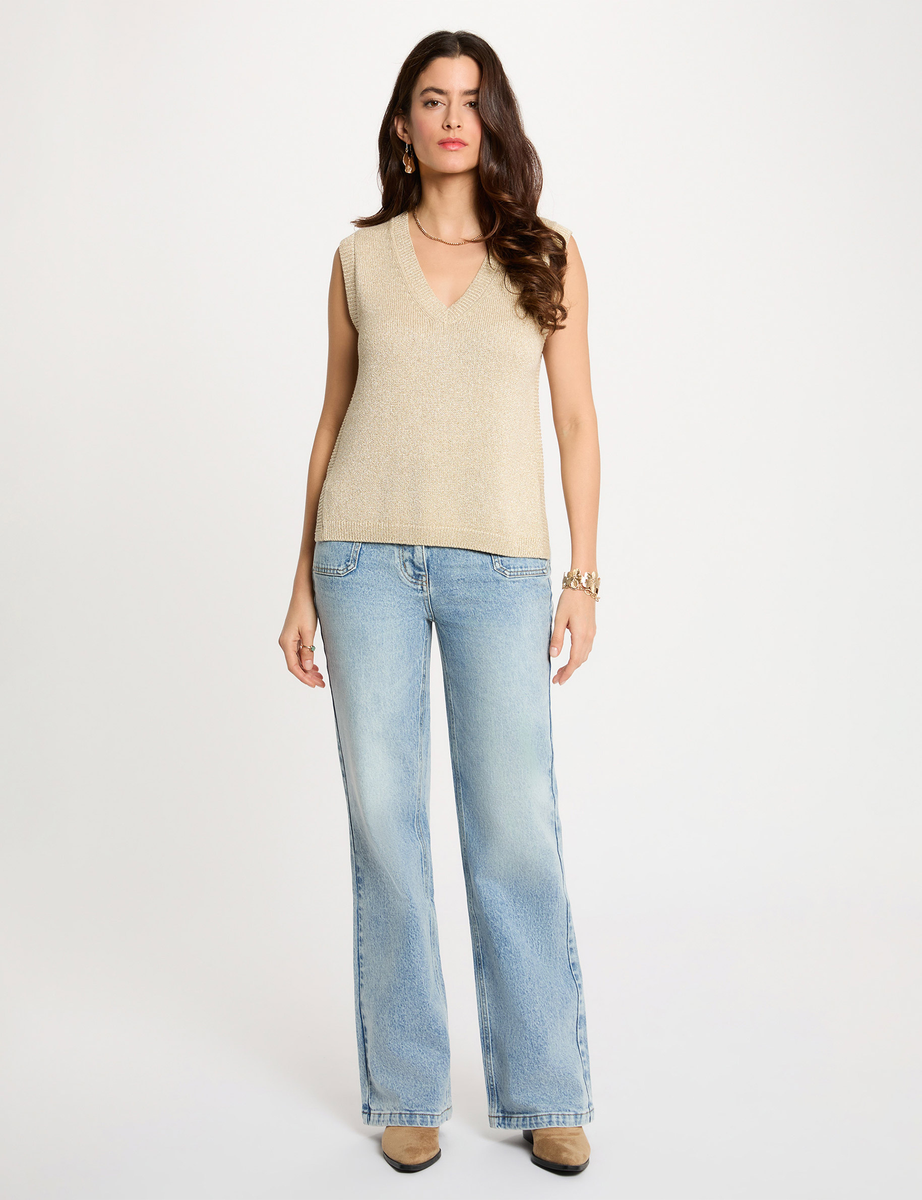 Pull sans manches col v couleur bronze femme