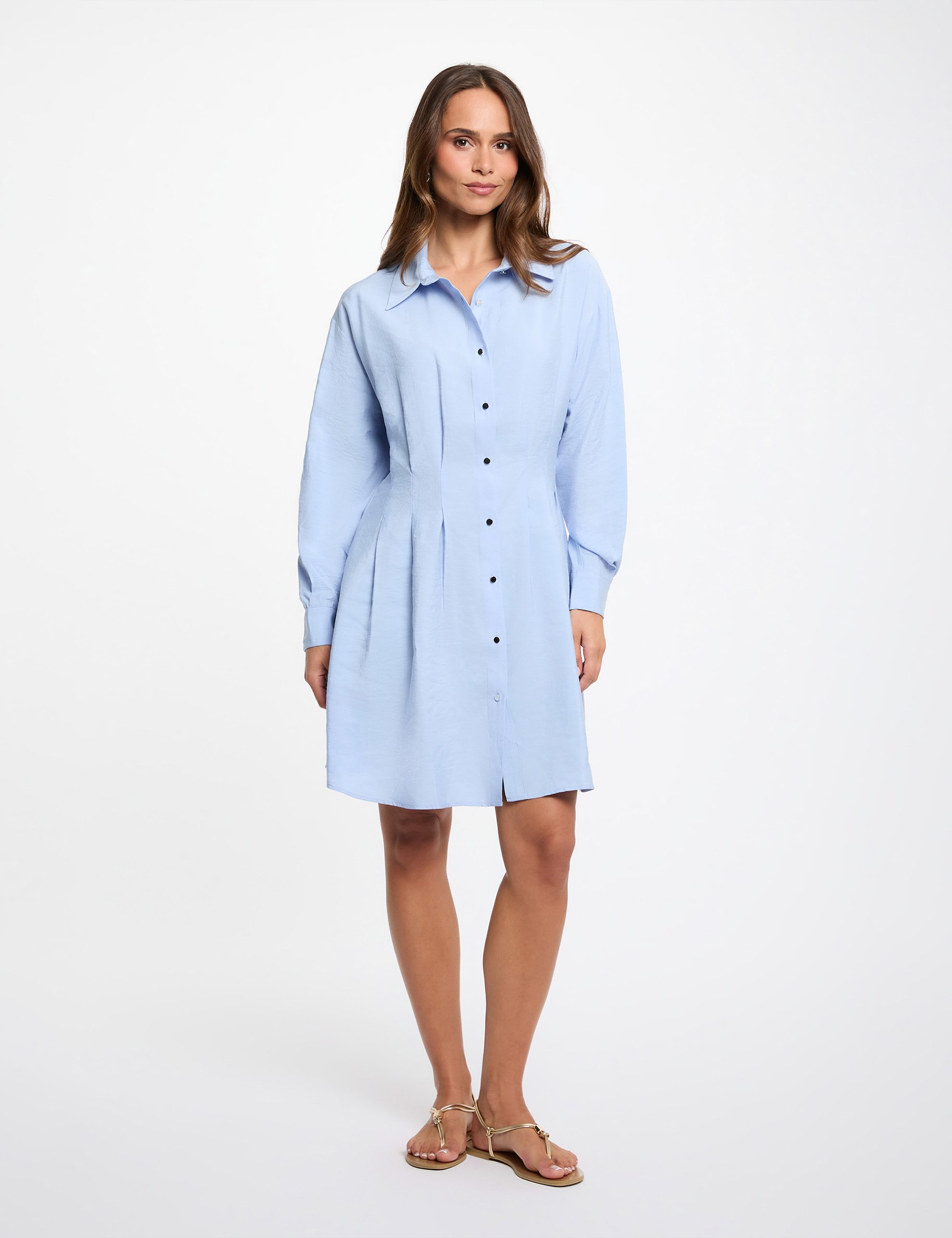 Robe chemise plis taille bleu ciel femme