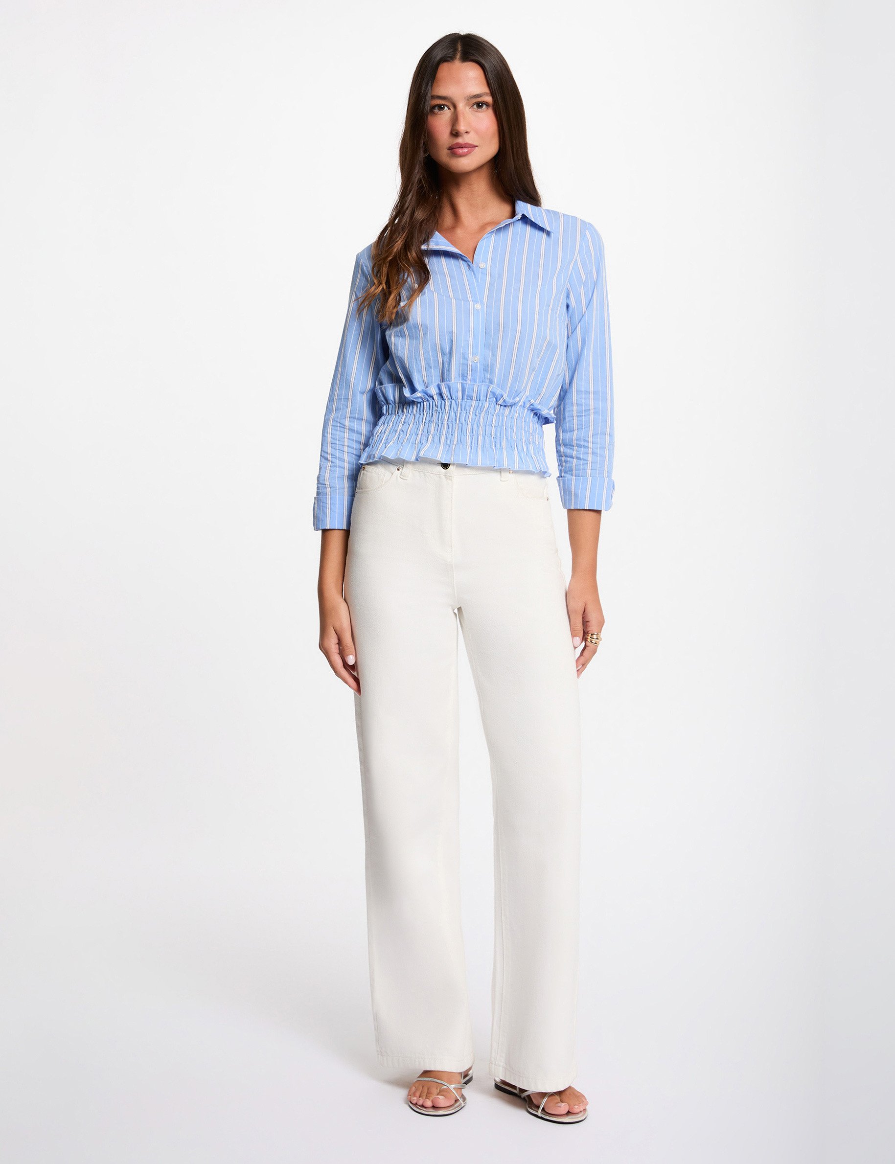 Chemise ray&eacute;e cropped bleu ciel femme