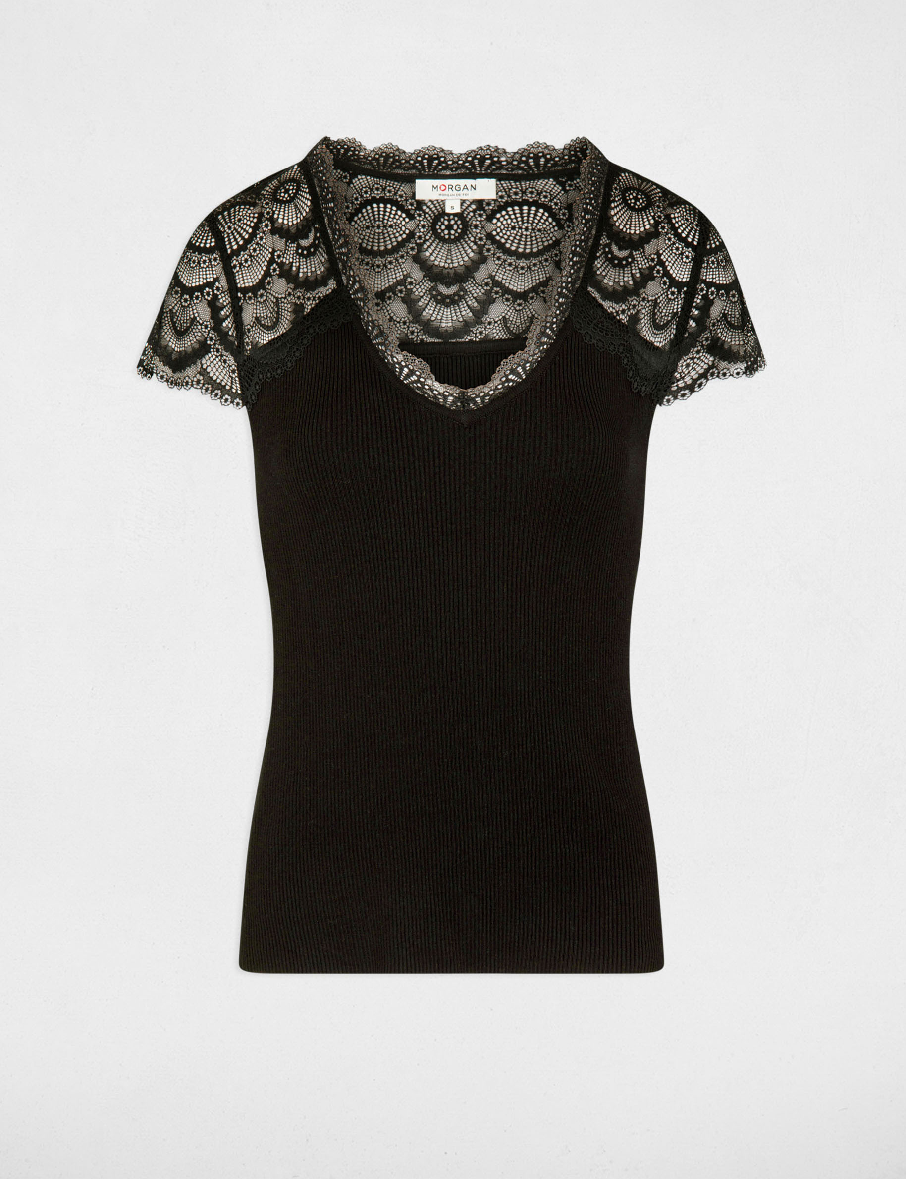 Pull manches courtes dentelle noir femme