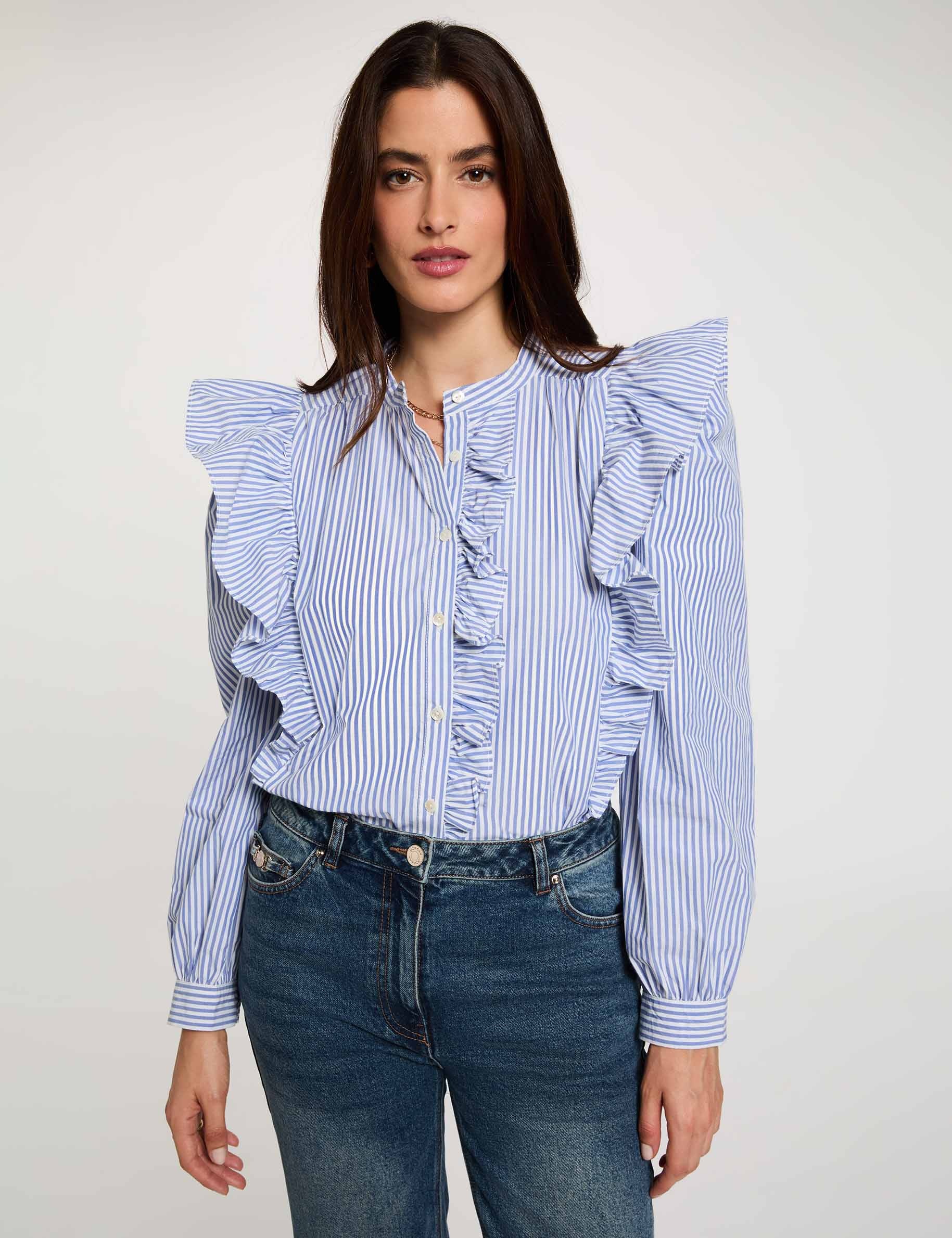 Chemise ray&eacute;e col mao bleu ciel femme