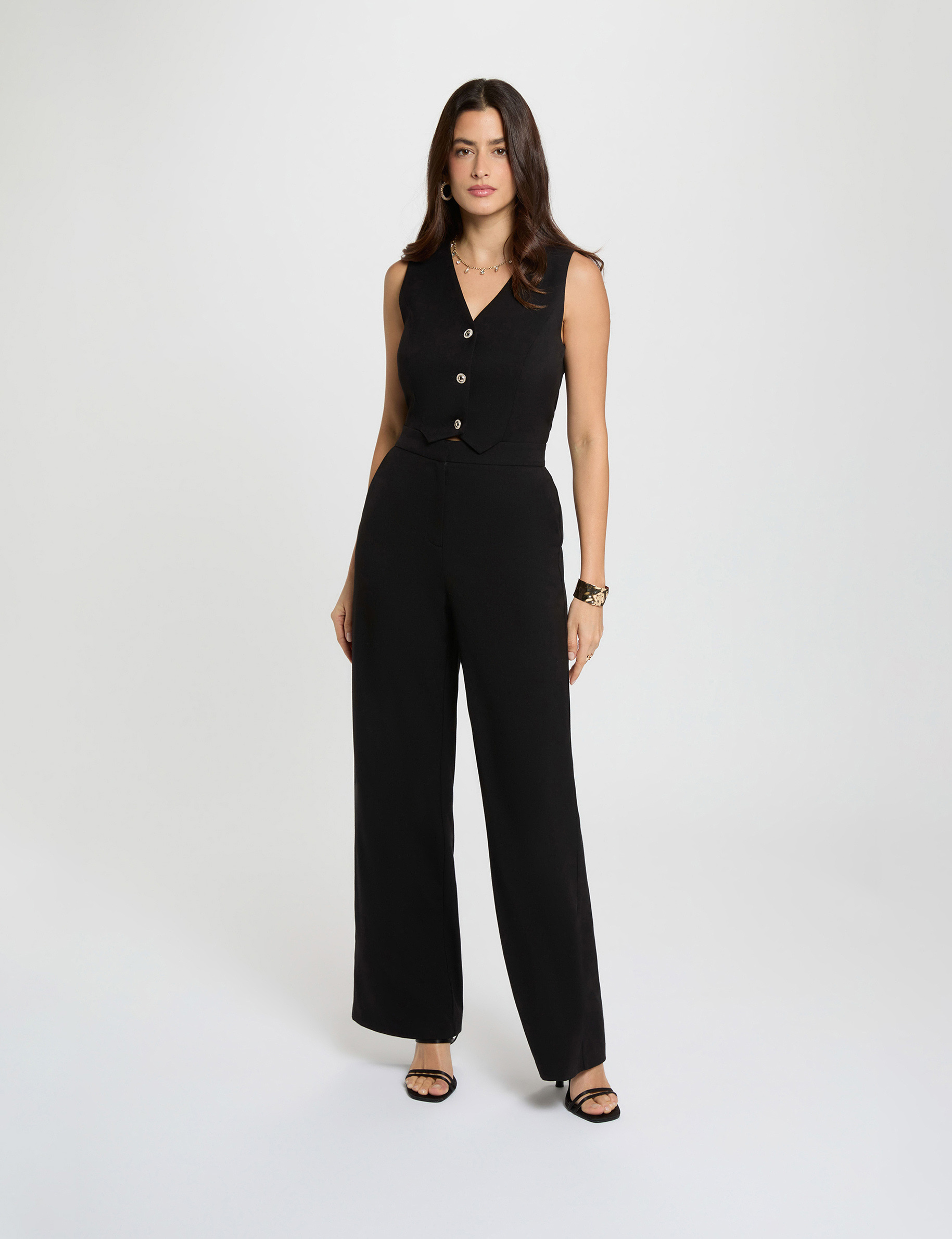 Combinaison longue col en V noir femme