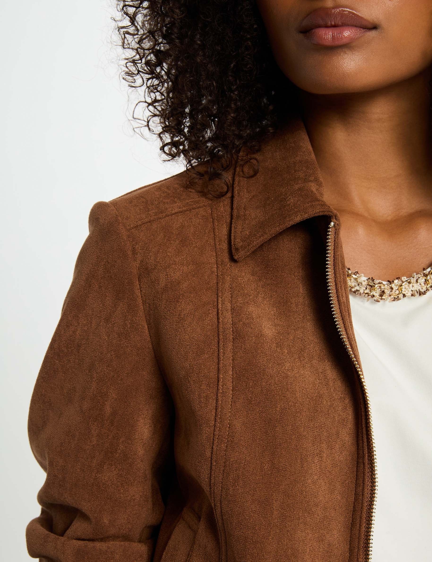 Blouson su&eacute;dine marron cognac femme