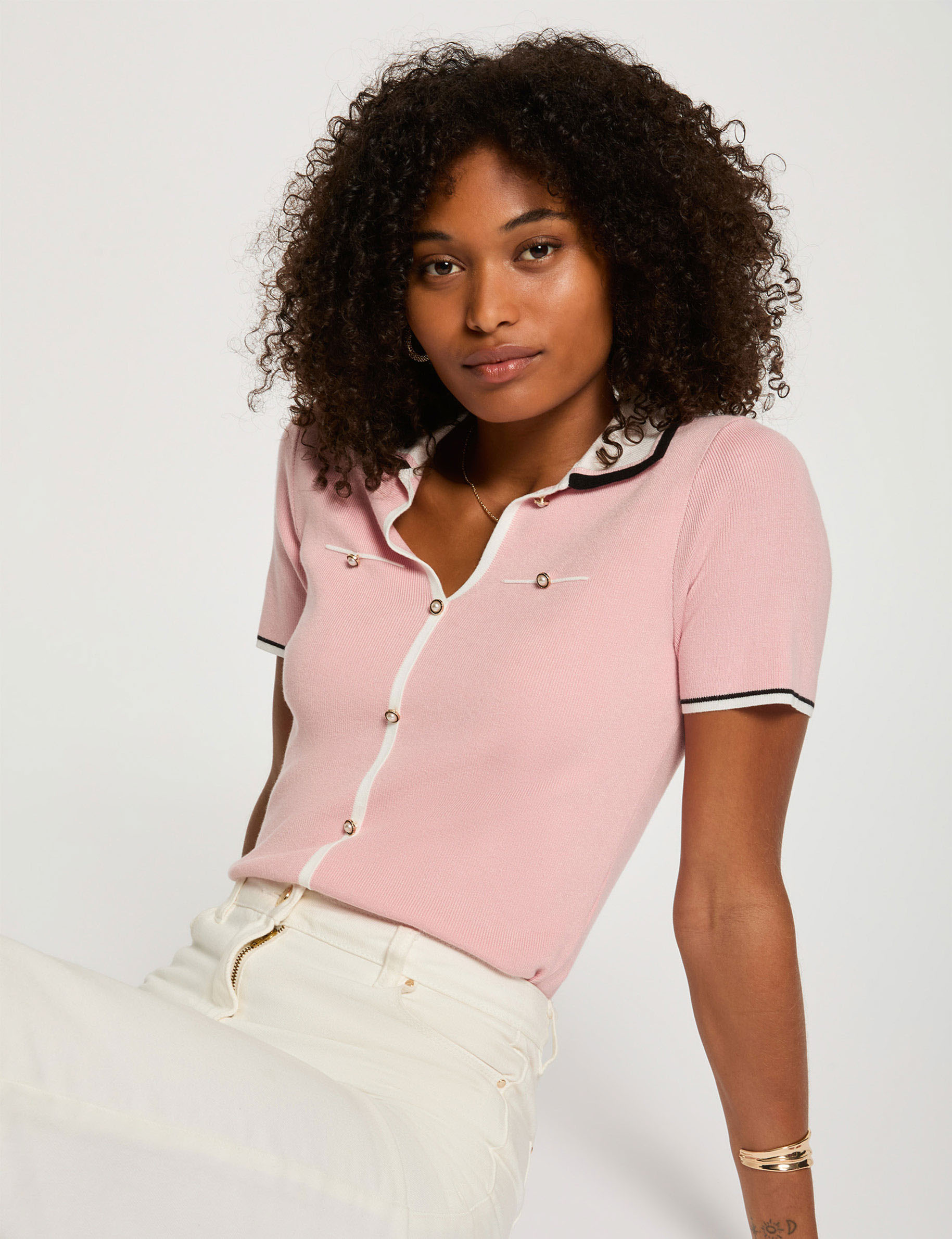 pull col polo manches courtes rose poudree femme Pull col polo manches courtes rose poudrée femme