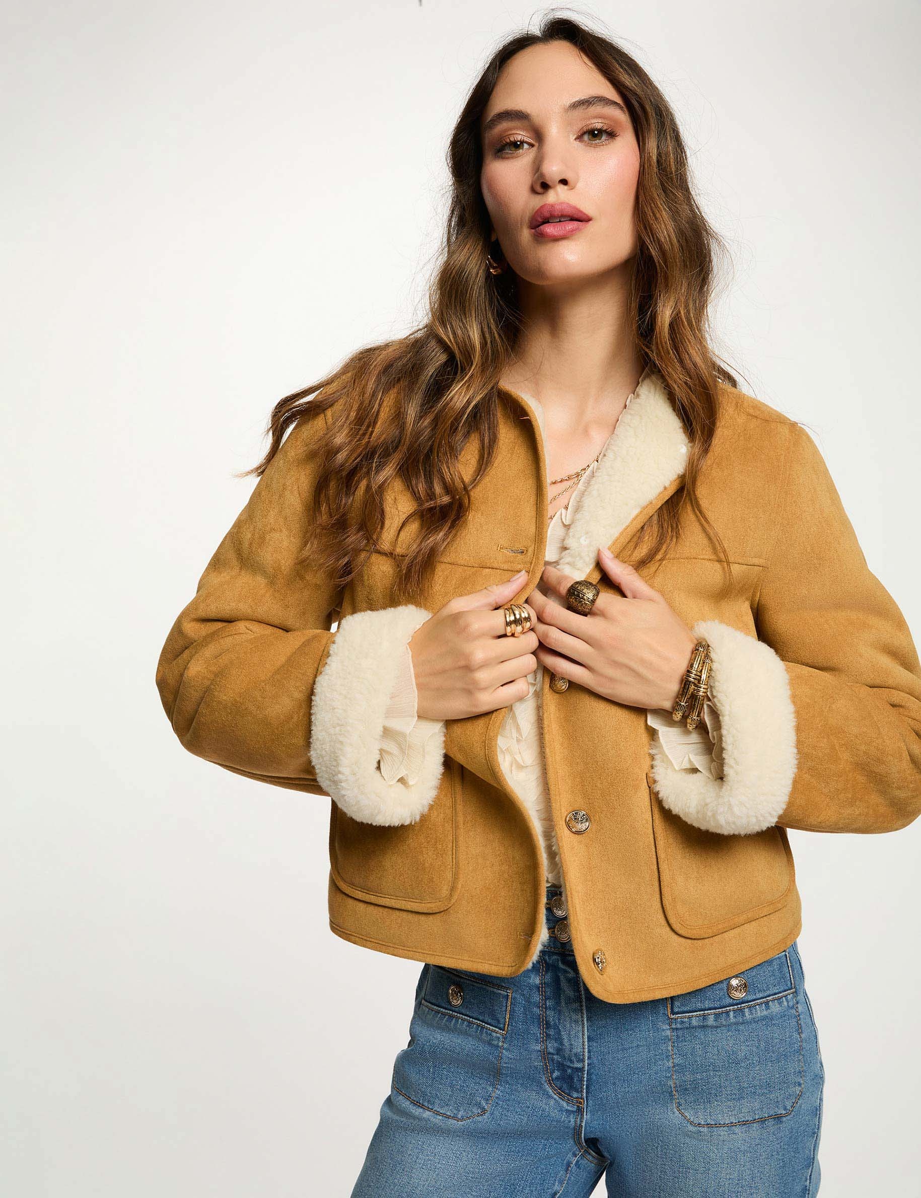 Veste courte fausse fourrure camel femme
