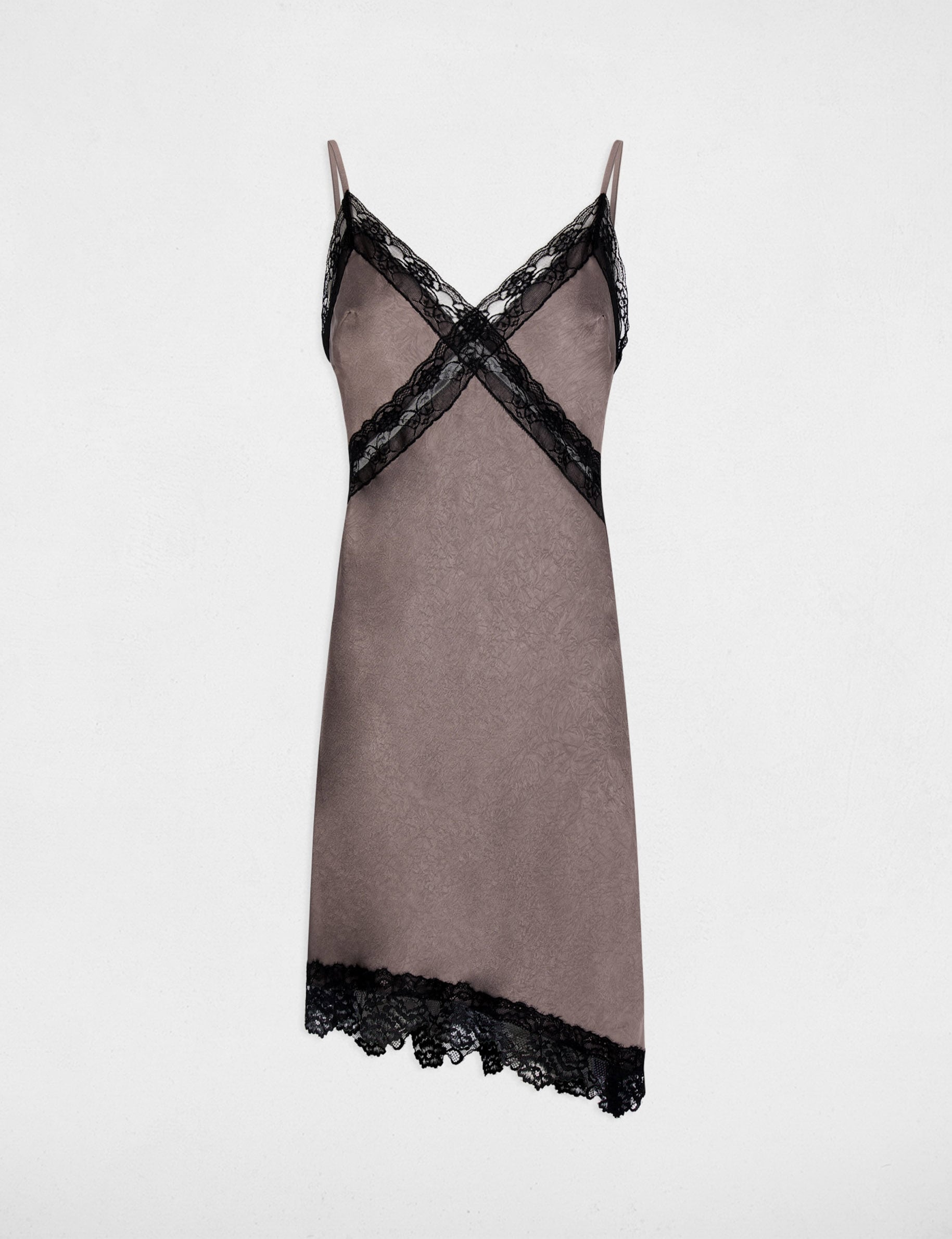 Robe asym&eacute;trique satin&eacute;e taupe femme