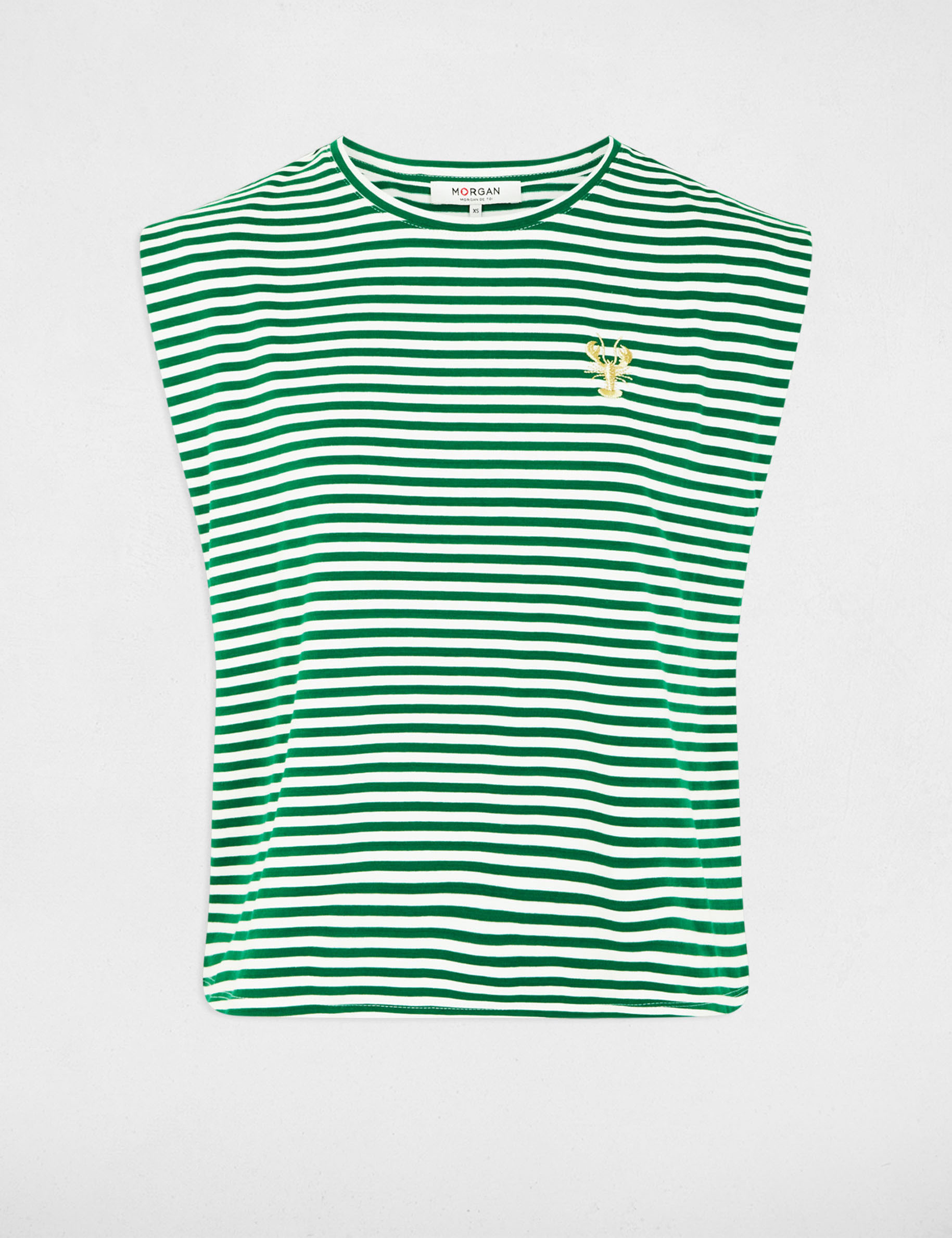 Gestreept geborduurd T-shirt weide groen vrouw