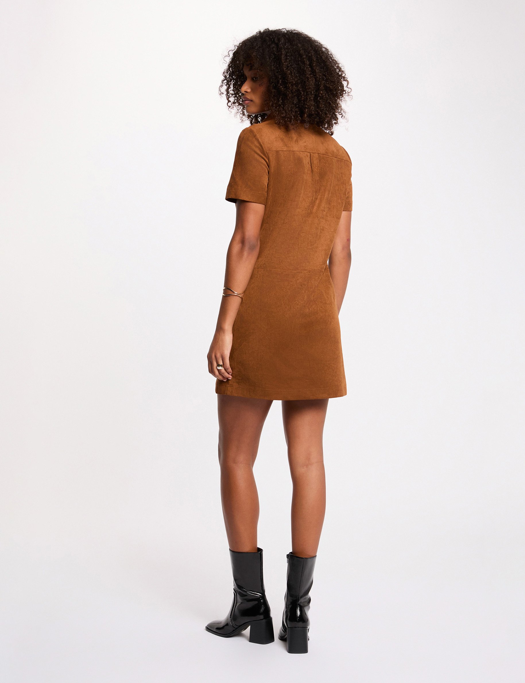 Robe courte cache-coeur marron cognac femme