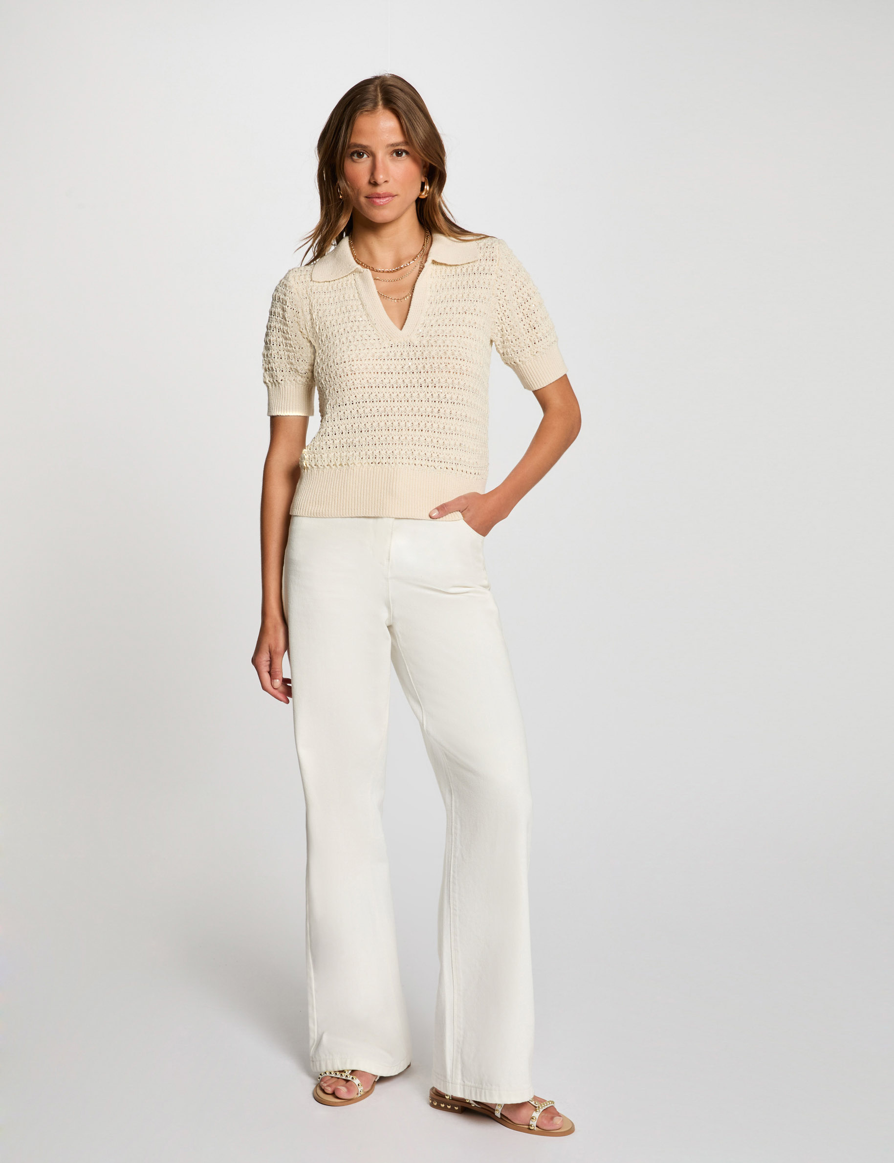 pull col polo manches courtes ecru femme Pull col polo manches courtes ecru femme