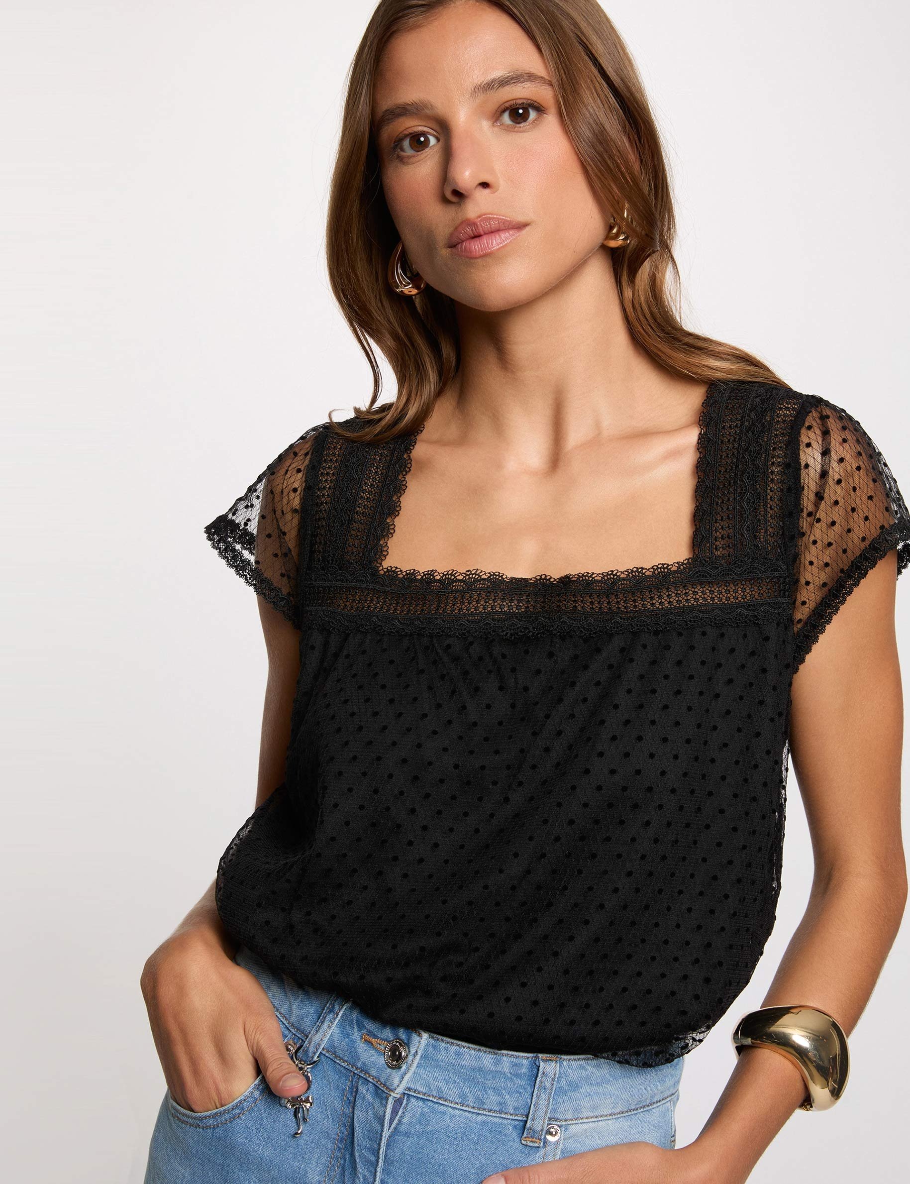 T-shirt kant vierkante hals zwart vrouw